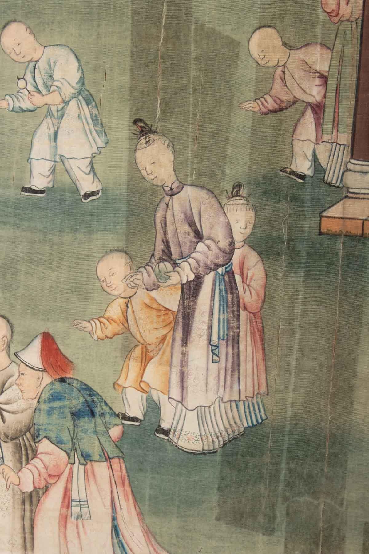 Chinoiserie Silk, Chinese Painting, 19th Century, Temple Scene, Asia For Sale