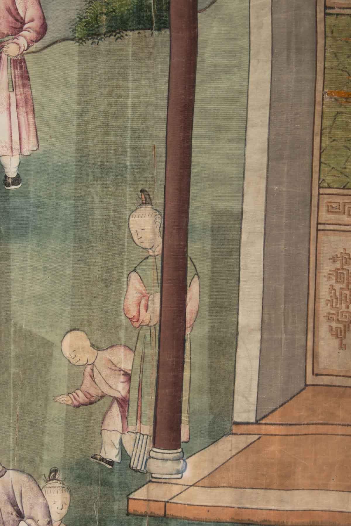 Hand-Painted Silk, Chinese Painting, 19th Century, Temple Scene, Asia For Sale