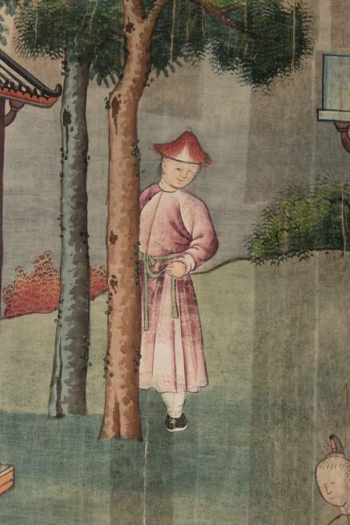 Peint à la main Peinture chinoise en soie, 19ème siècle, Scène de temple, Asie en vente