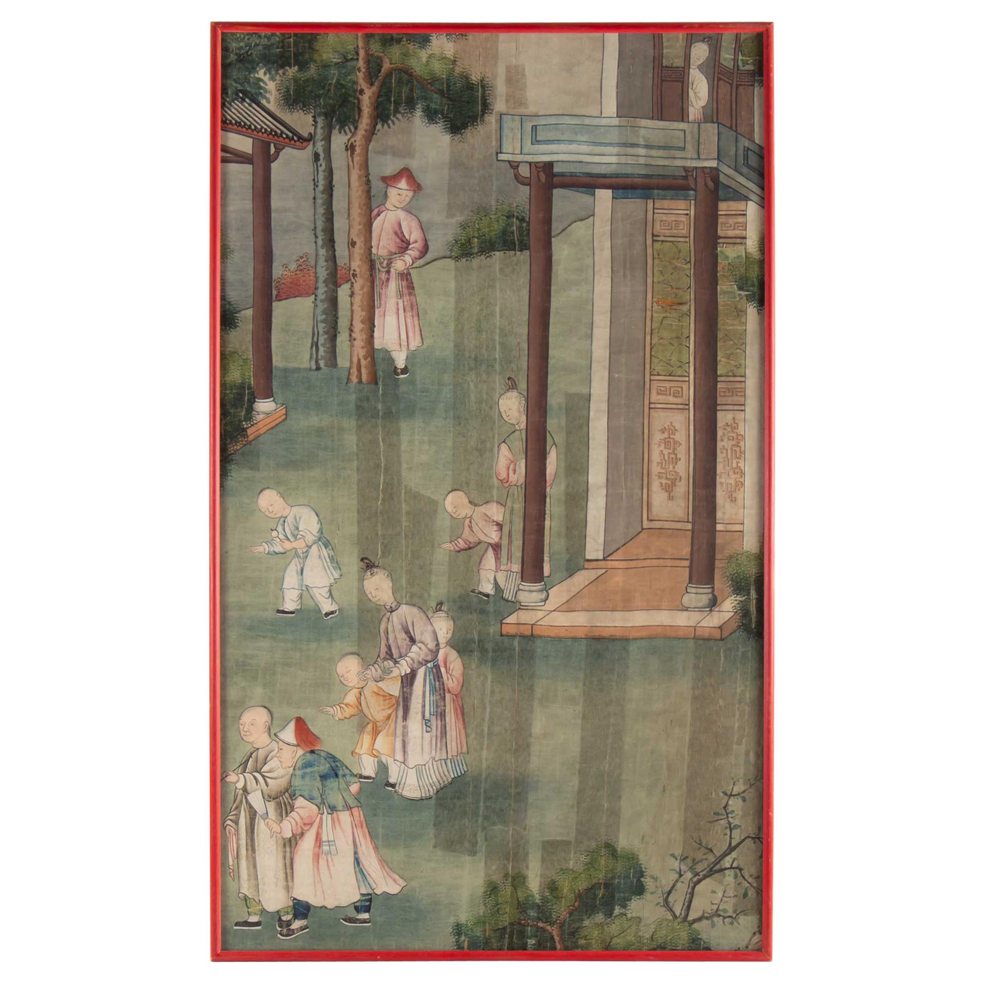 Silk, Chinese Painting, 19th Century, Temple Scene, Asia