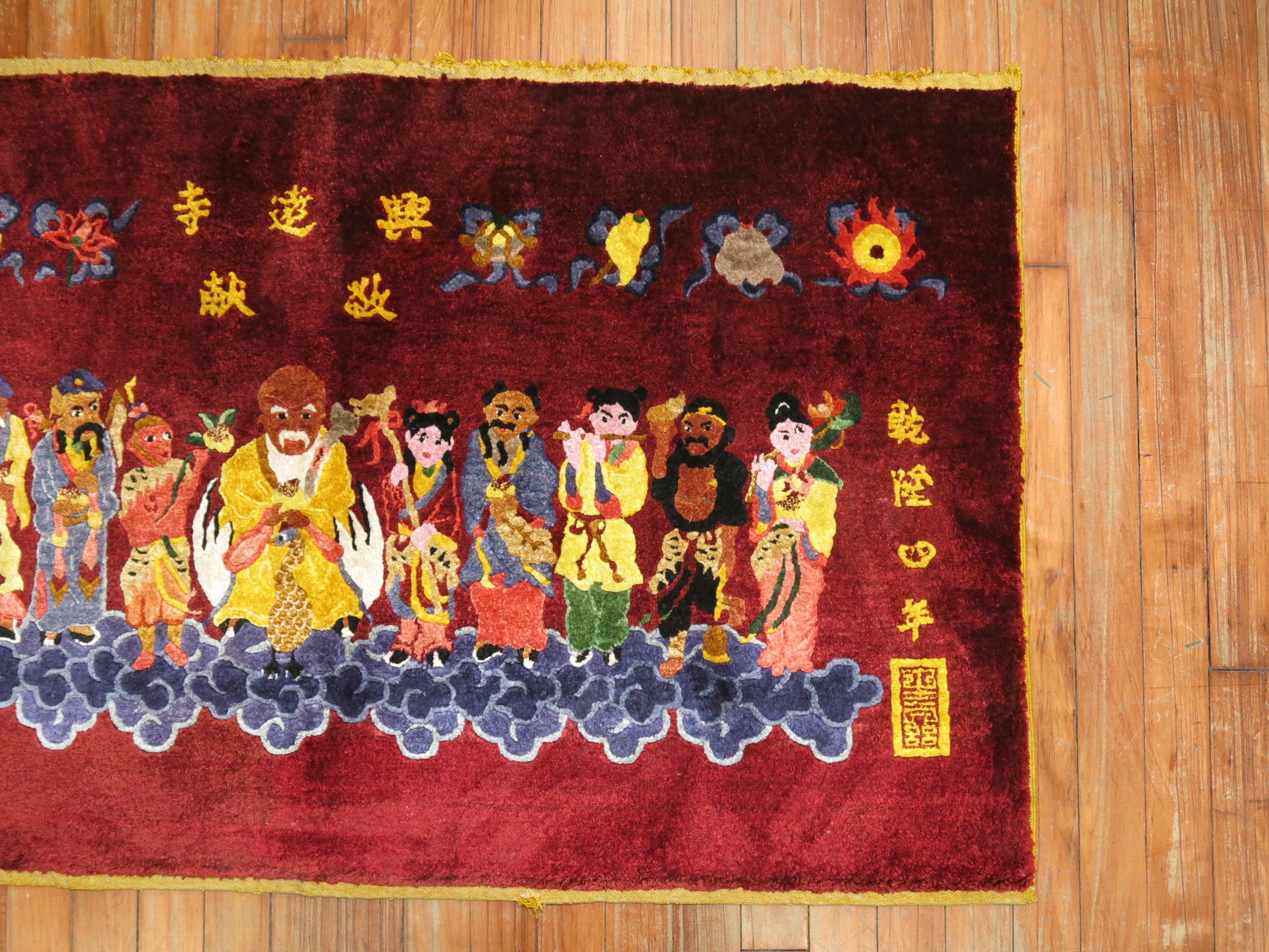 Expressionist Silk Chinese Red Pictorial Rug For Sale