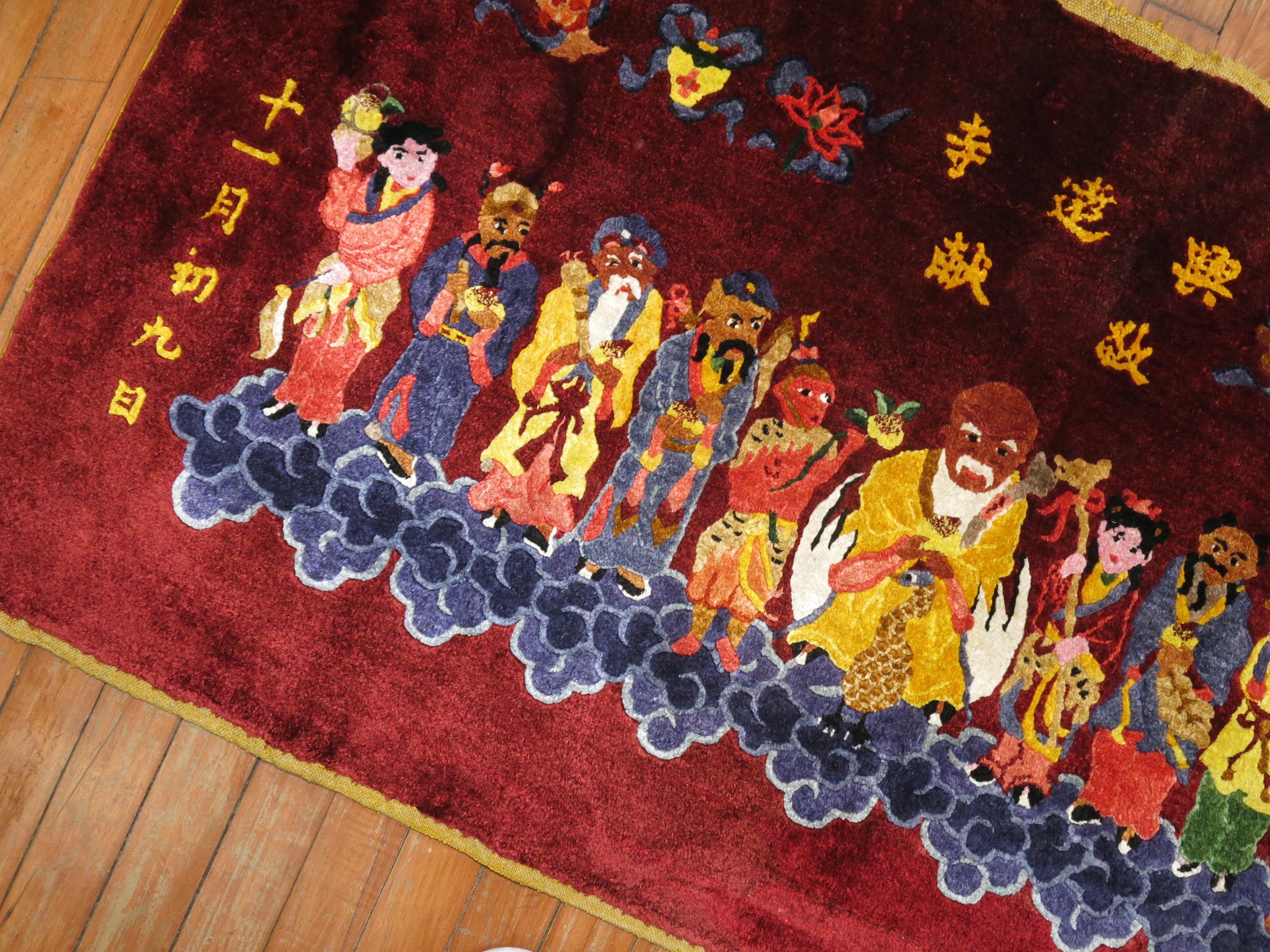 Hand-Woven Silk Chinese Red Pictorial Rug For Sale