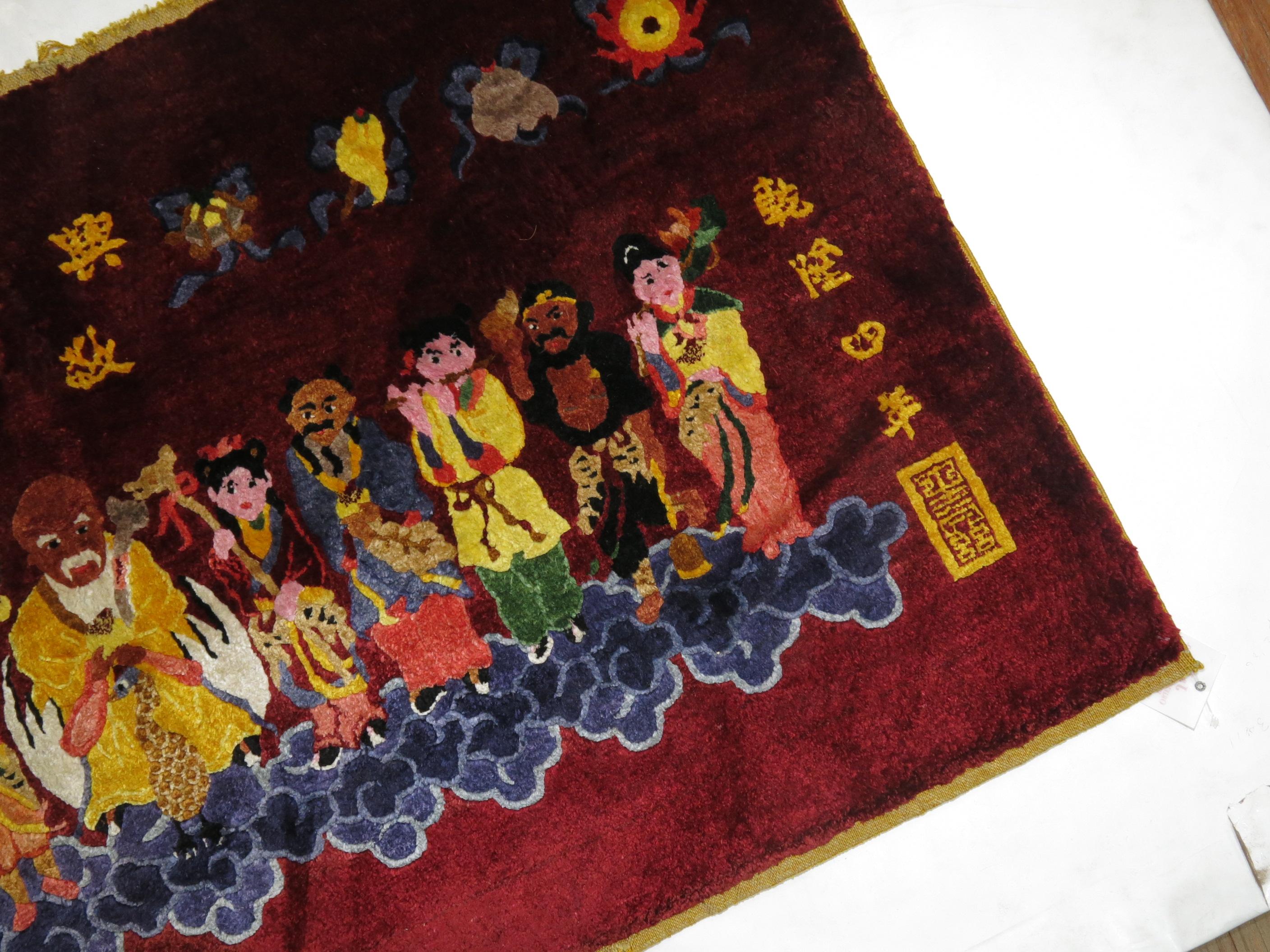 Silk Chinese Red Pictorial Rug In Good Condition For Sale In New York, NY