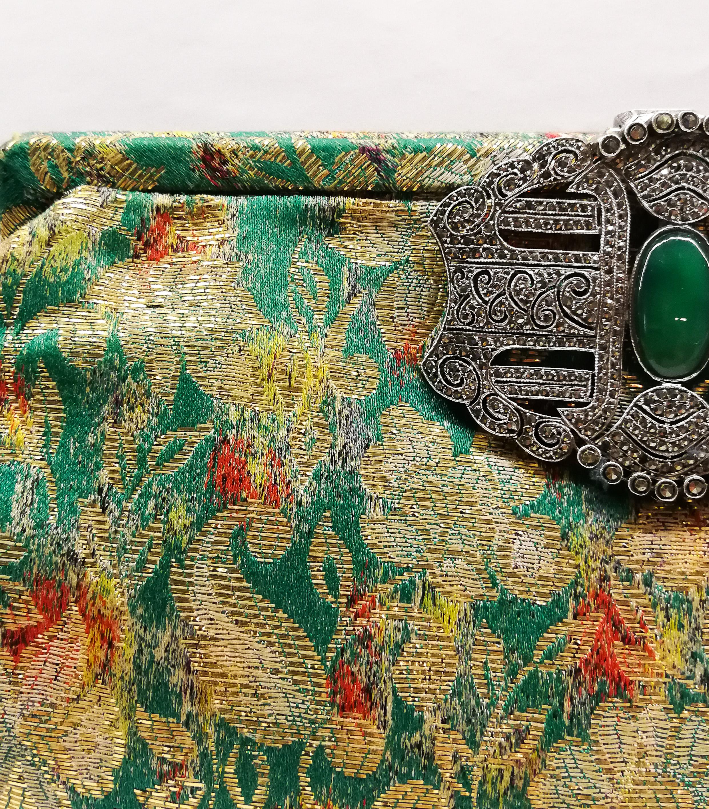 Brown Silk clutch bag with a very large silver, marcasite, and crysoprase clasp, 1930s