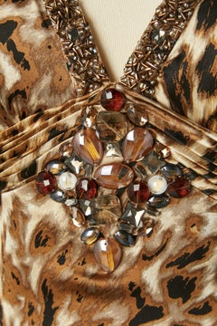 Silk cocktail dress with leopard print and beadwork Lorena Sarbu New with tag