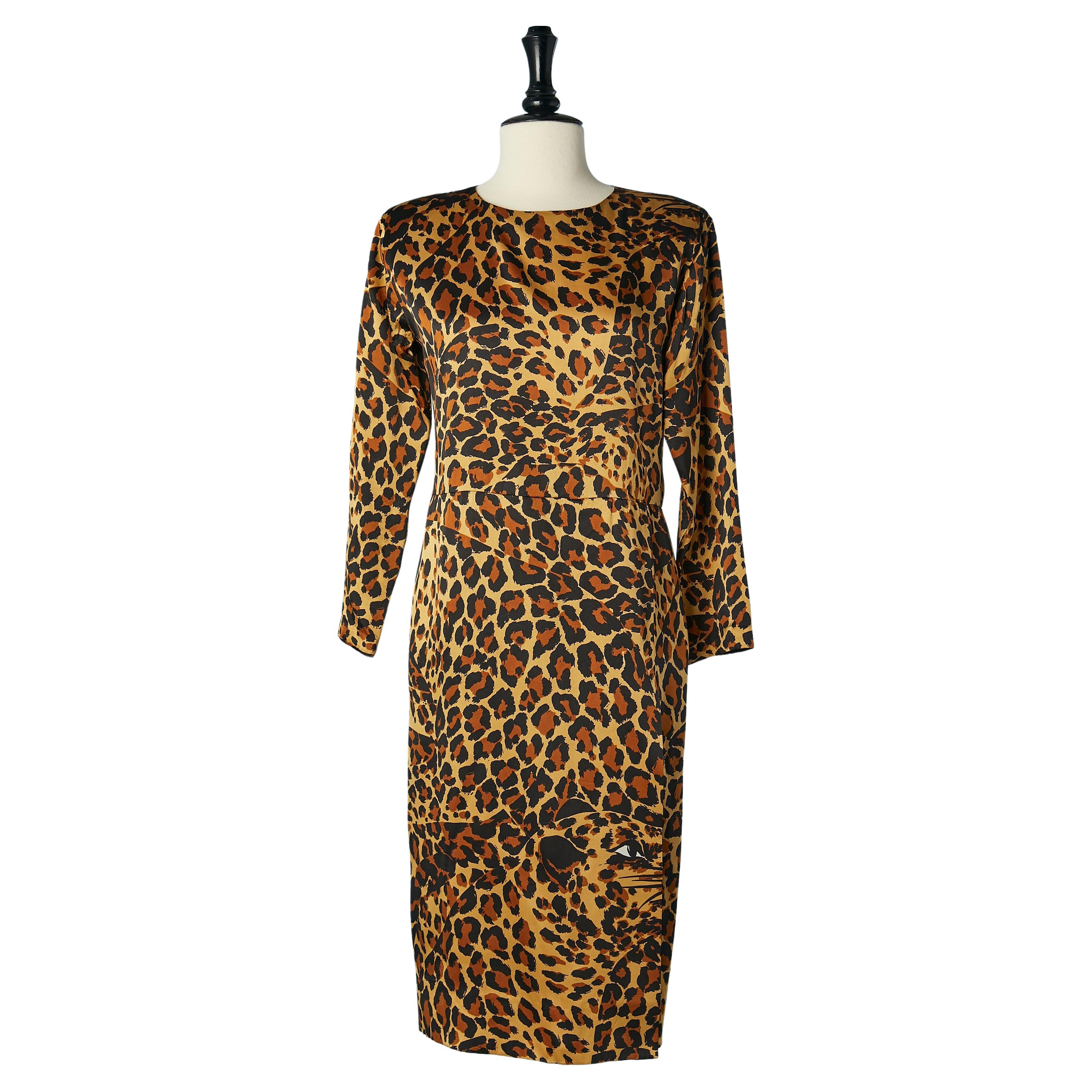 Silk cocktail dress with leopard print Saint Laurent Rive Gauche  For Sale