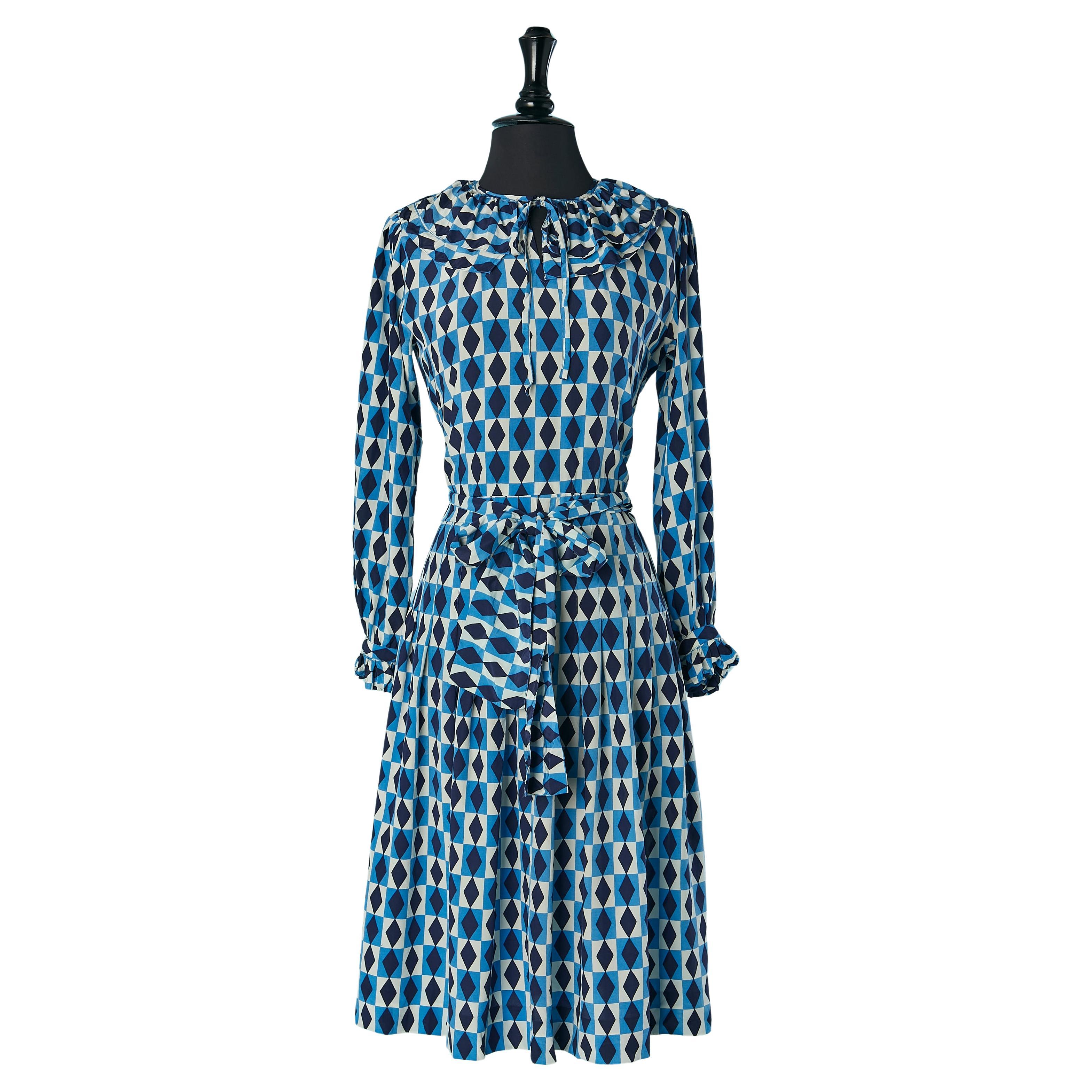 Silk cocktail dress with "Op Art" print and ruffles Saint Laurent Rive Gauche For Sale