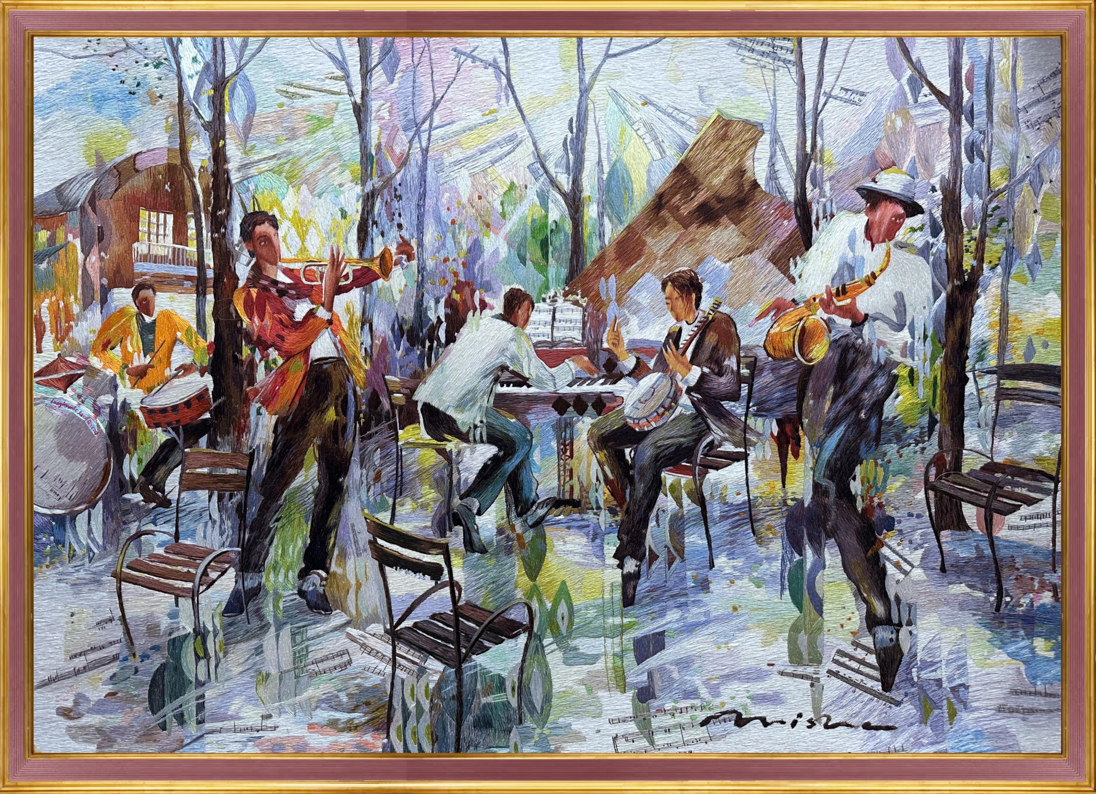 L' Aire du Jazz ' Zeitgenössischer Seidenteppich, Aquarelltechnik, leuchtende mehrfarbige Töne 
nach und als Collaboration mit dem amerikanischen Aquarellisten Misha Lenn in Zusammenarbeit. Ein Unikat.
Die Arbeit ist in der Technik der Wasserfarbe