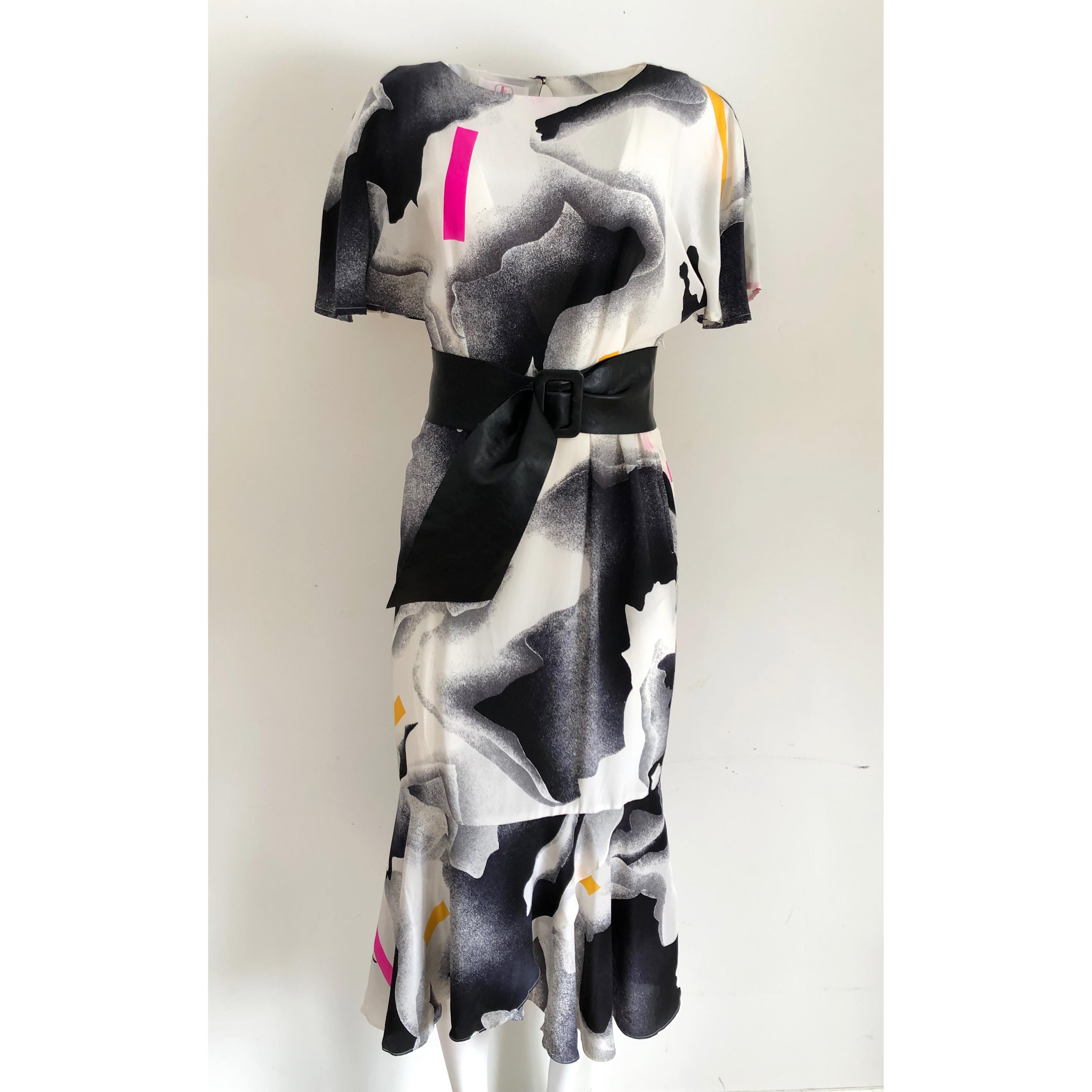 Silk crepe Flora Kung NWT cocktail black white neon mermaid long dress In New Condition For Sale In Boston, MA