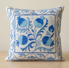 18"x19" Silk Cushion Cover, Hand Embroidery Toss Pillow Cover, Blue Throw Pillow
