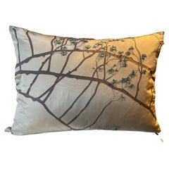 Silk Cushion Floral Design Hand Embroidery Color Sand, Brown and Turquoise
