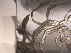 Silk Cushion Modern Rose Hand Embroidery Silver Beading on Satin Ice Blue