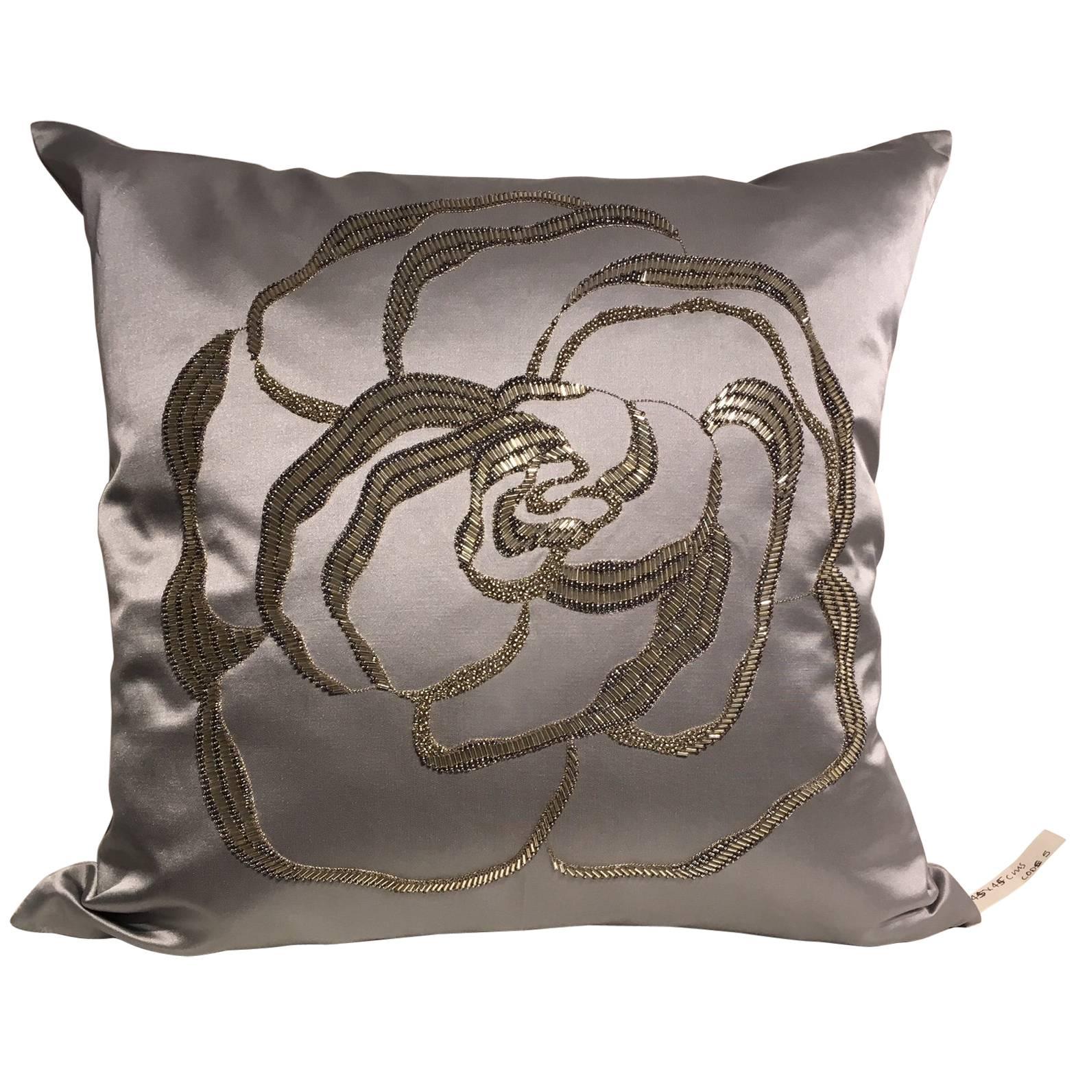 Silk Cushion Modern Rose Hand Embroidery Silver Beading on Satin Ice Blue For Sale