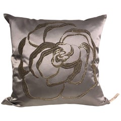 Silk Cushion Modern Rose Hand Embroidery Silver Beading on Satin Ice Blue