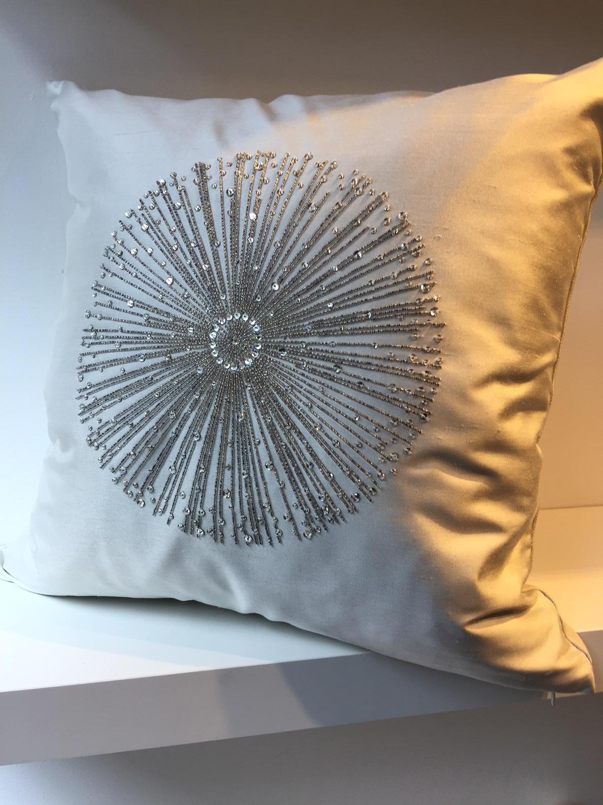 Contemporary Silk Cushion Starburst Hand Embroidery Swarovski Crystals Silk Color New Dawn