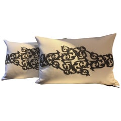 Silk Cushions Color Oyster Dark Silver Beading Damask Design Hand Embroidery