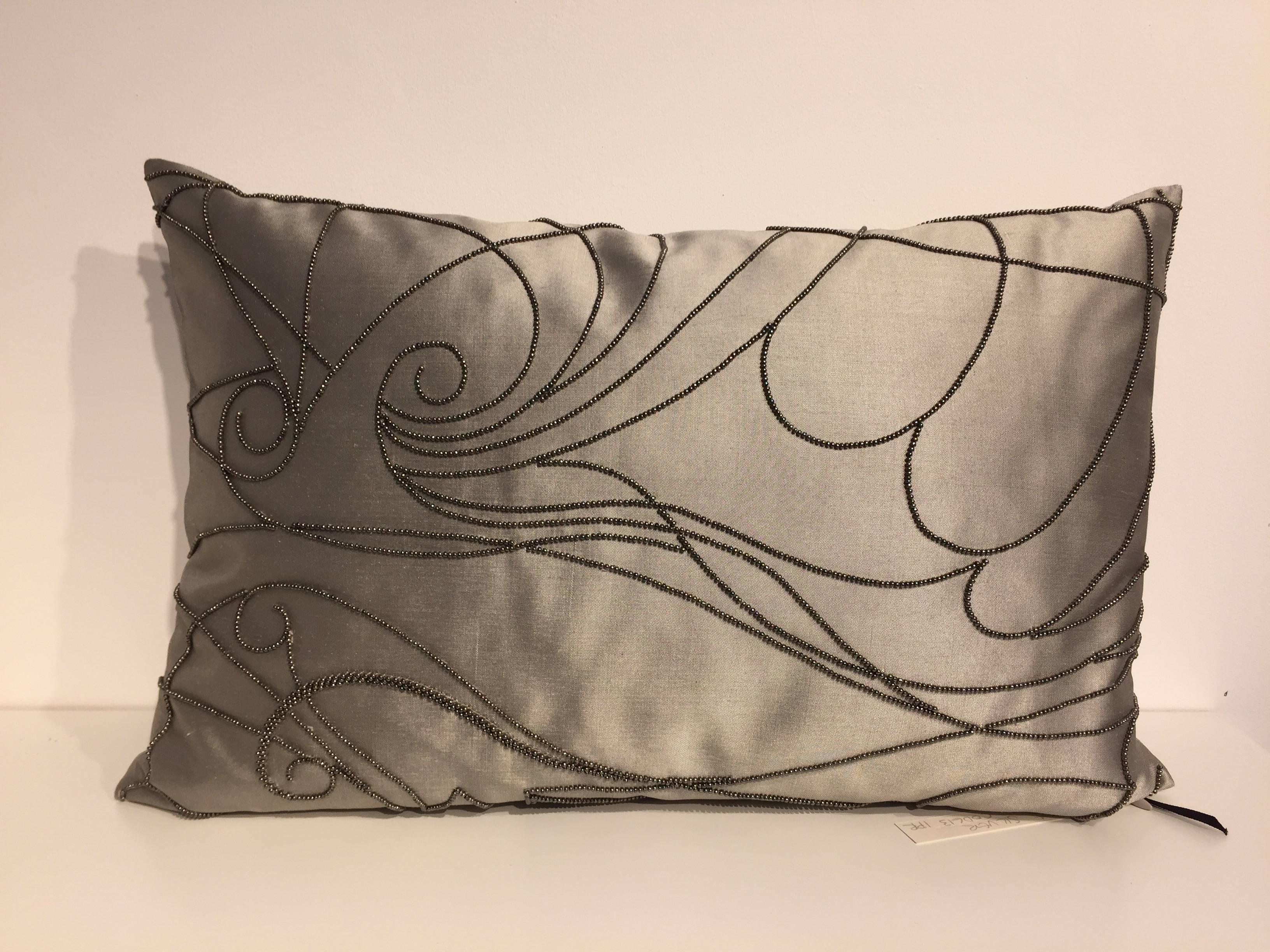 English Silk Cushions Color White Gold  Hand Embroidery Art Deco Beading Silver For Sale