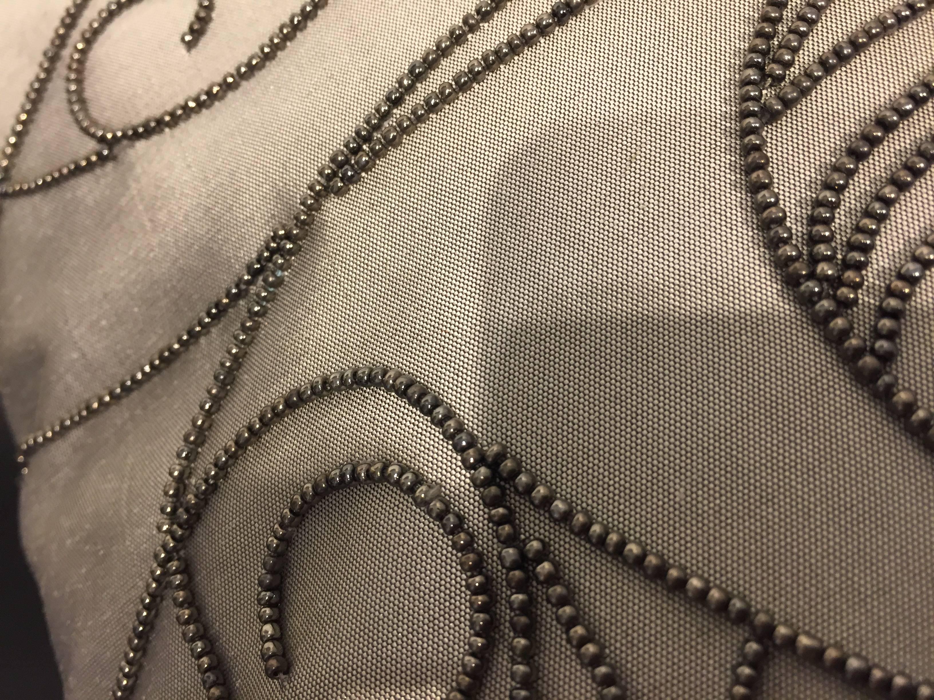 Contemporary Silk Cushions Color White Gold  Hand Embroidery Art Deco Beading Silver For Sale