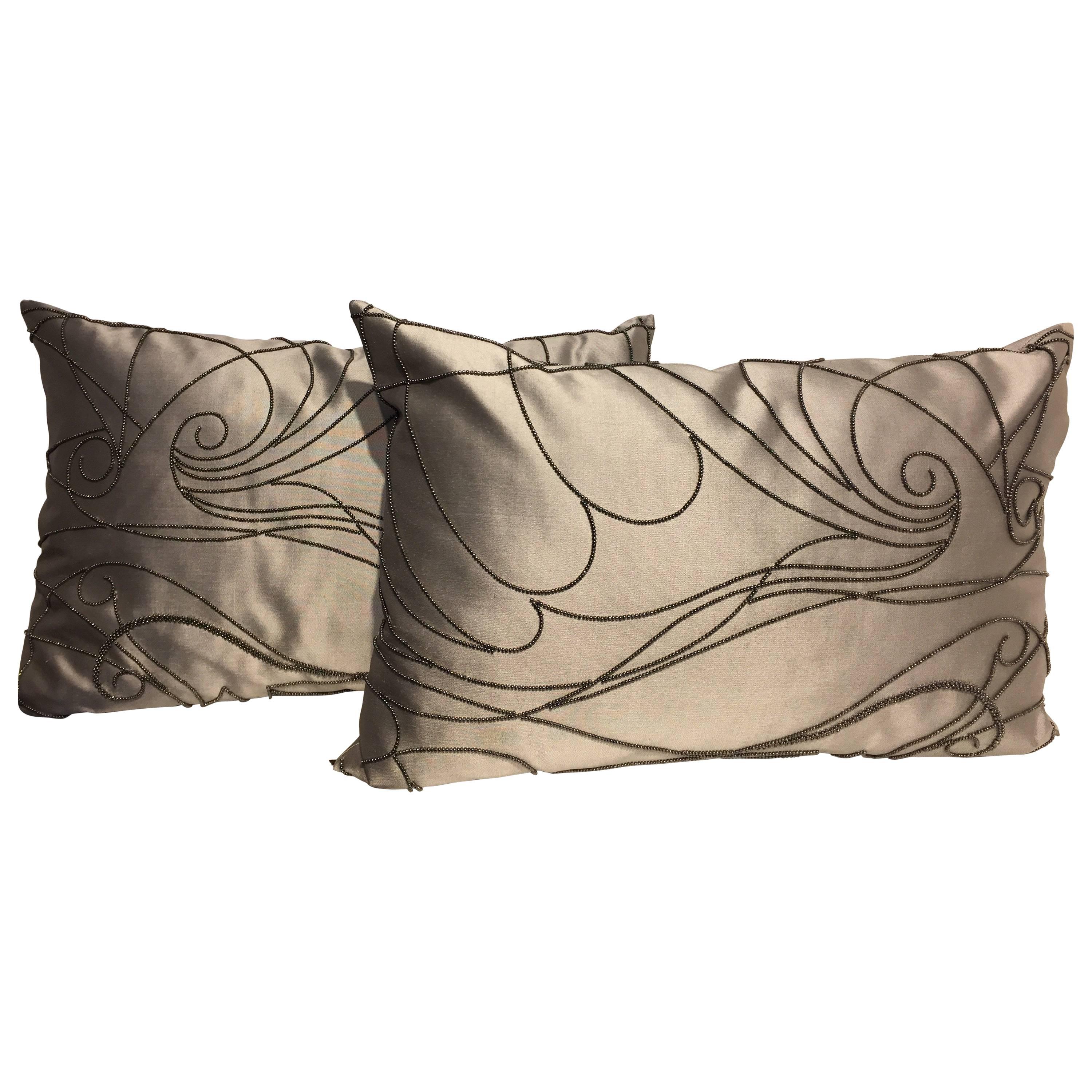  Silk Cushions Color White Gold  Hand Embroidery Art Deco Beading Silver For Sale