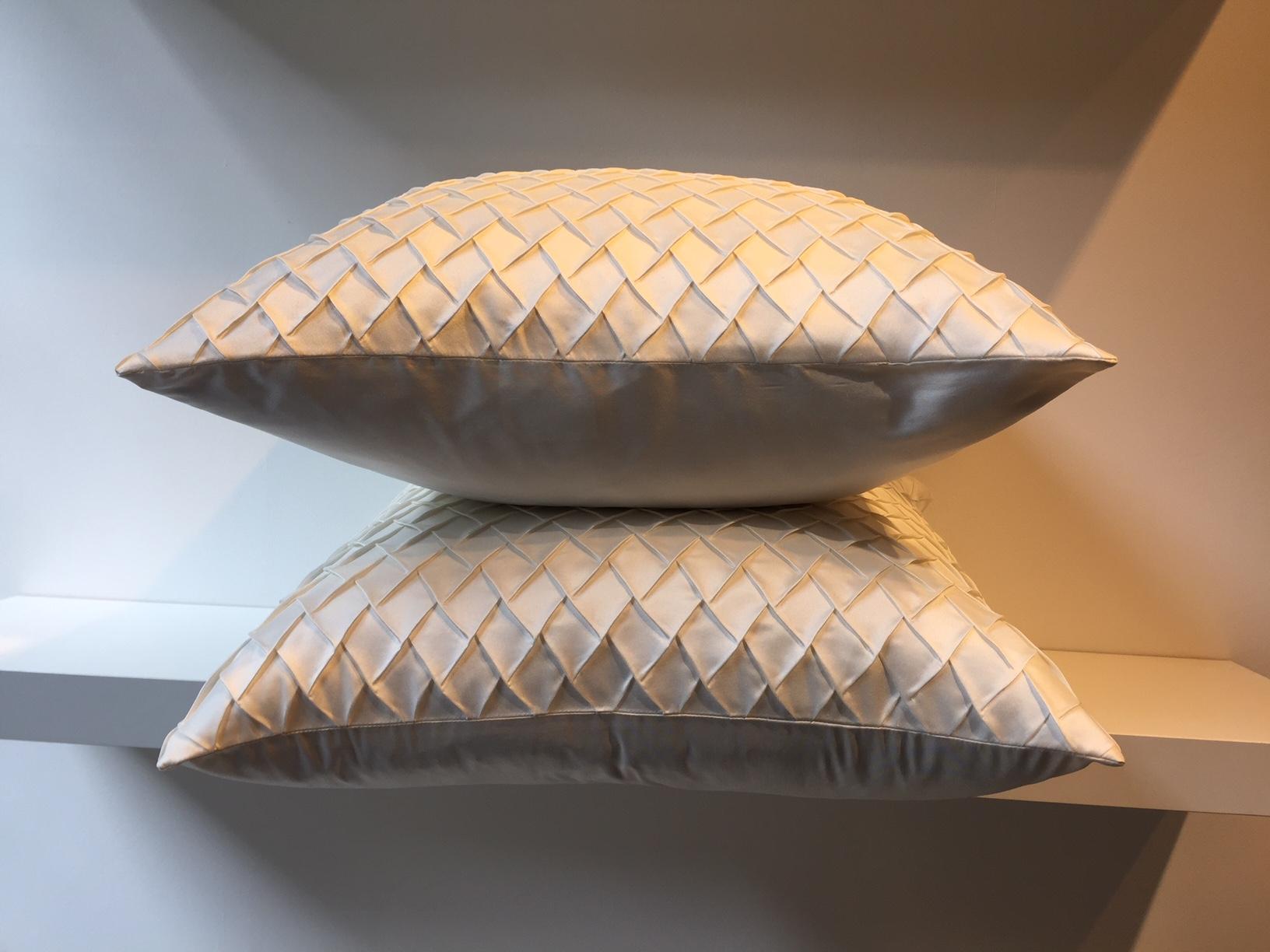 English Pair Of Silk Cushions With Fish Scale Pattern Embossed In Colour Oyster Square 