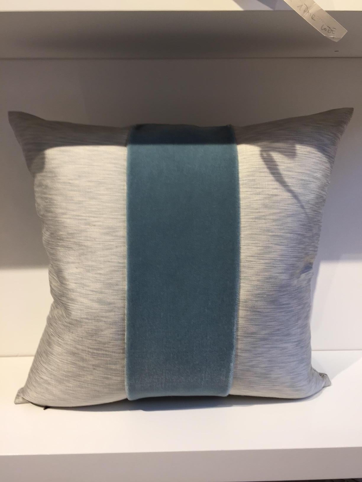 German Silk Cushions Mohair Centre Stripe Colour Ice Blue and Oyster