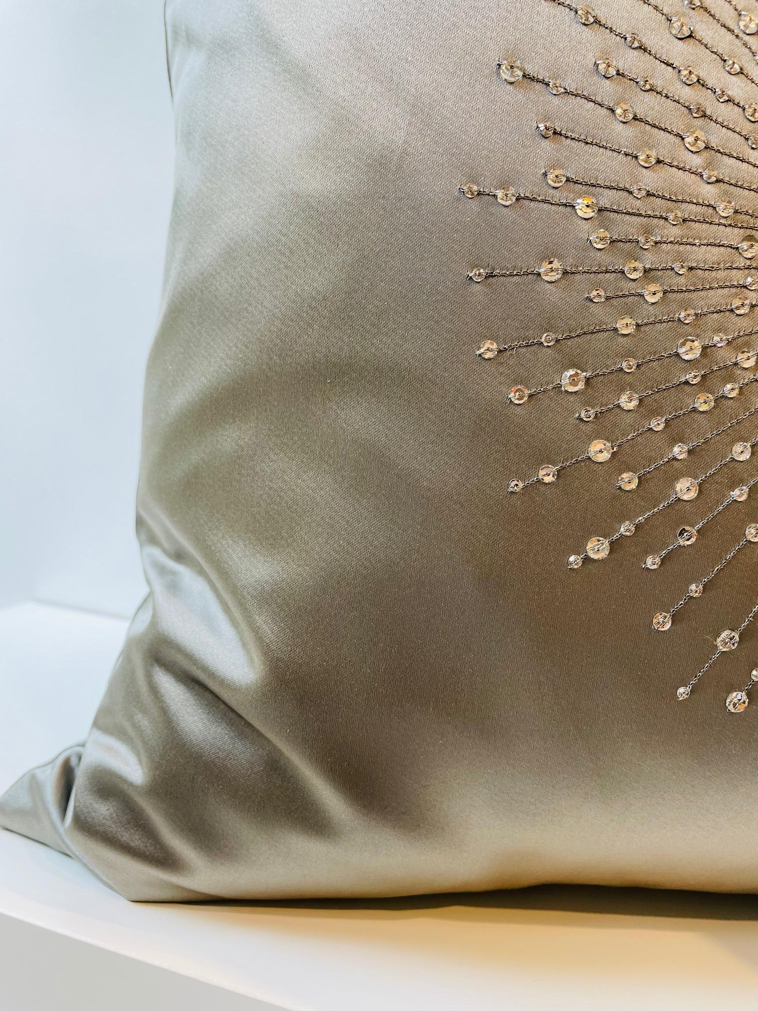Modern Silk Cushions Starburst Hand Embroidery Swarovski Crystals Silk Colour Grey-Gold For Sale