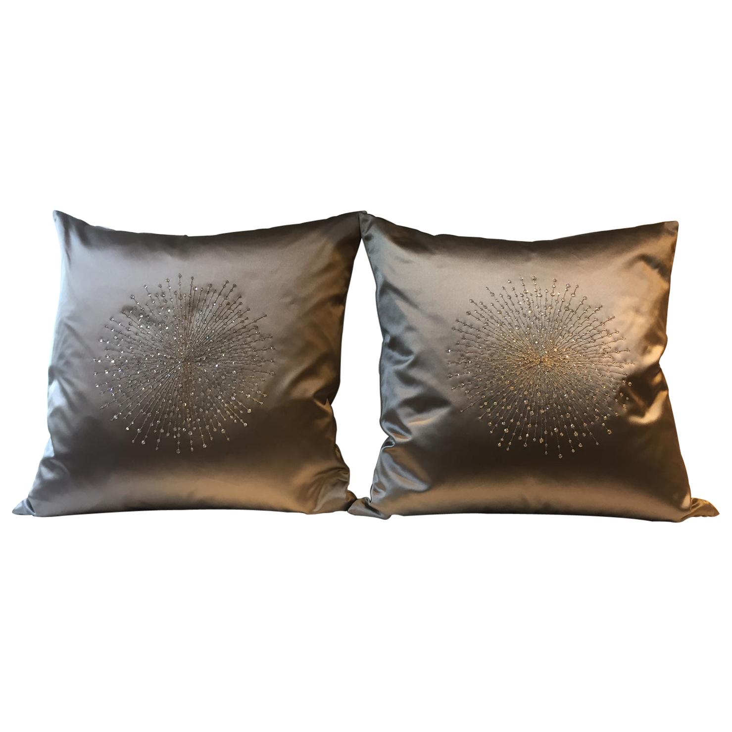 German Silk Cushions Starburst Hand Embroidery Swarovski Crystals Silk Colour Grey-Gold For Sale