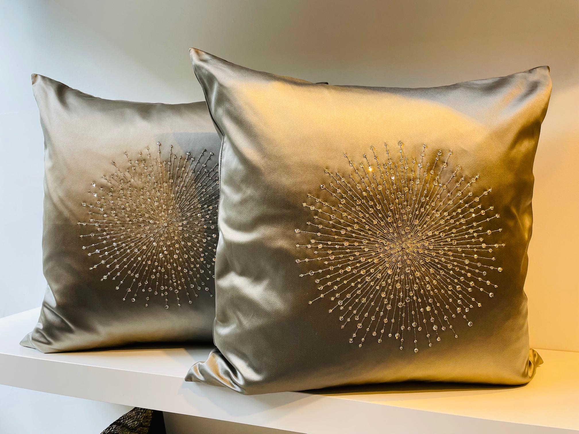 Embroidered Silk Cushions Starburst Hand Embroidery Swarovski Crystals Silk Colour Grey-Gold For Sale