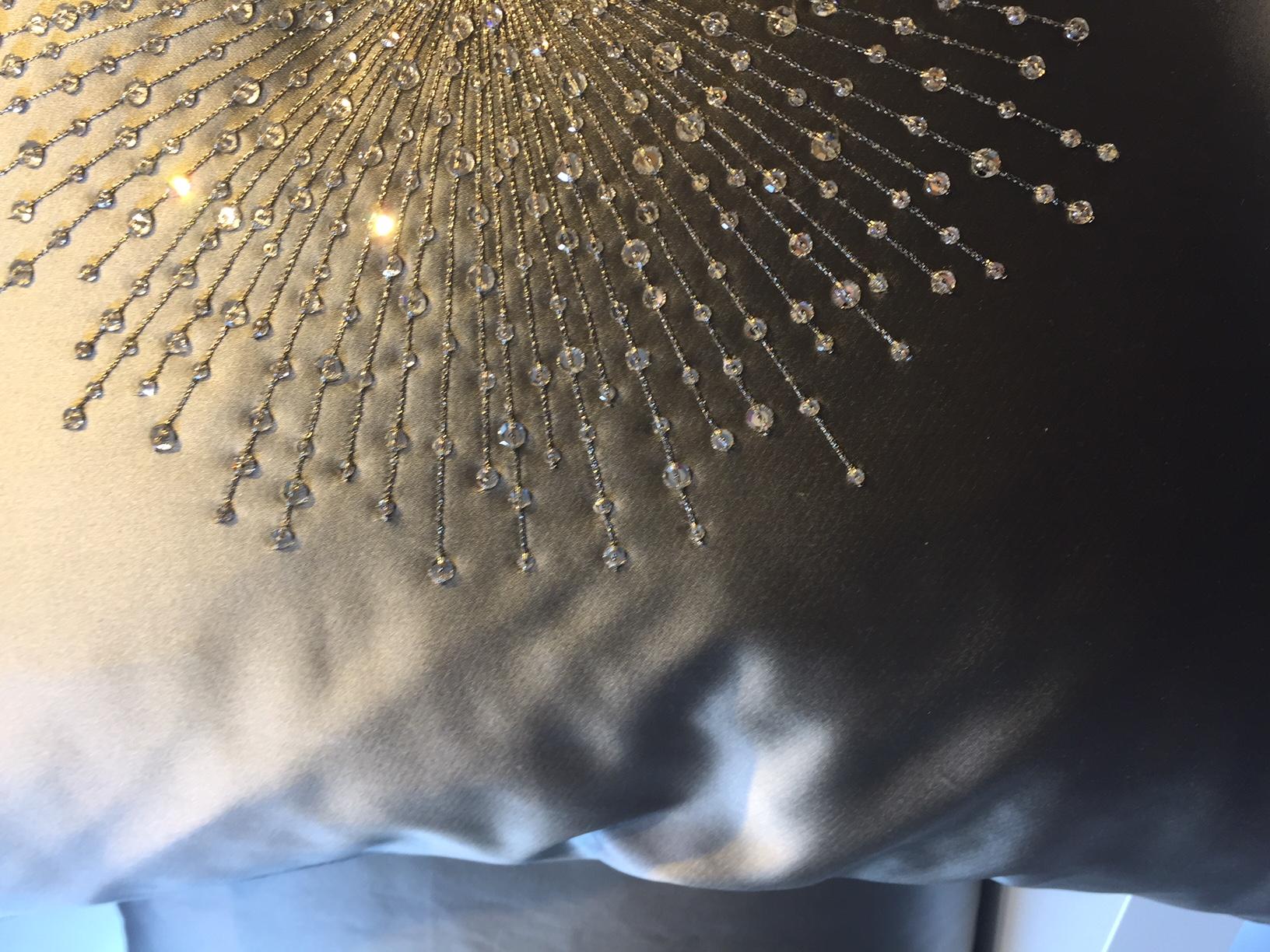 Contemporary Silk Cushions Starburst Hand Embroidery Swarovski Crystals Silk Colour Grey-Gold For Sale