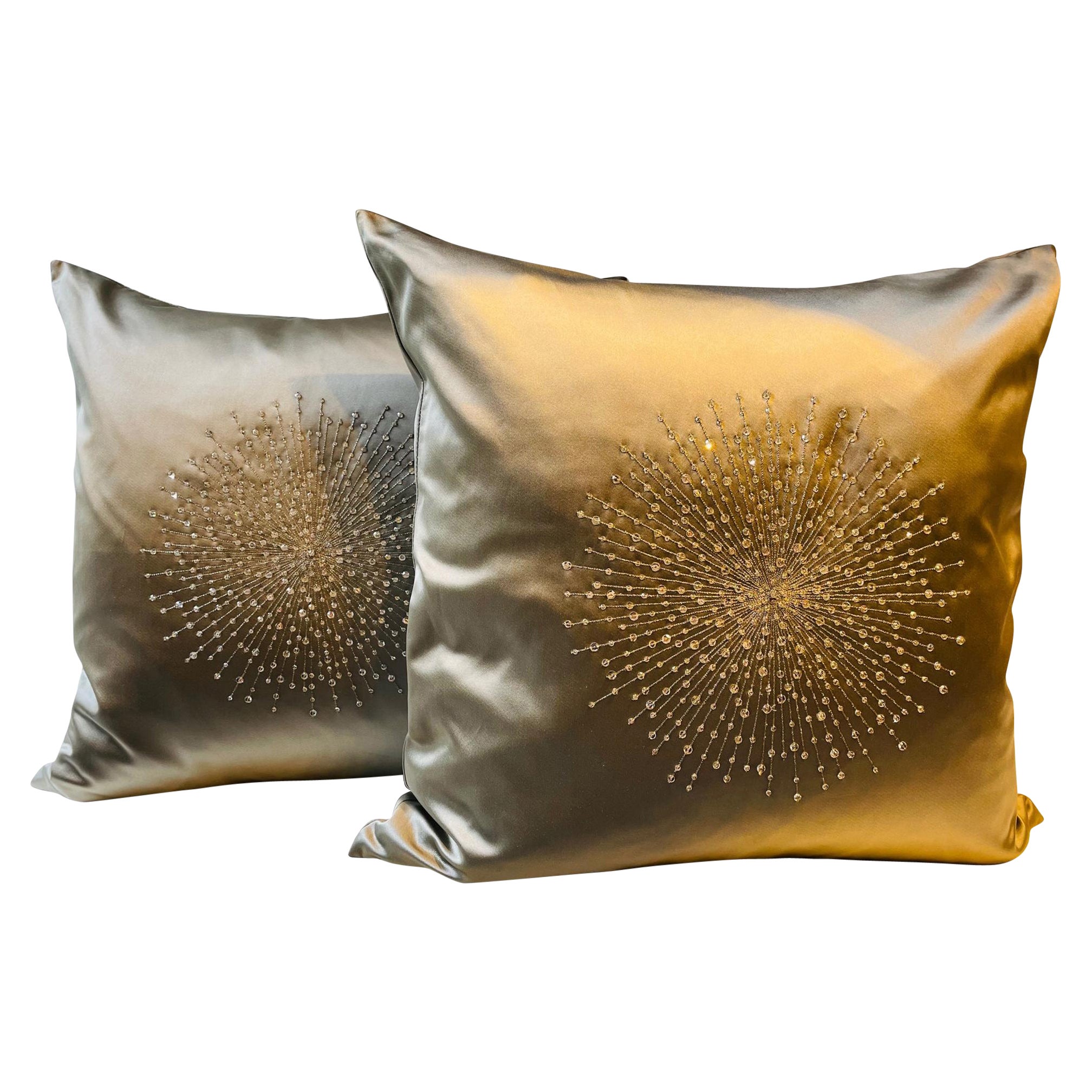 Silk Cushions Starburst Hand Embroidery Swarovski Crystals Silk Colour Grey-Gold