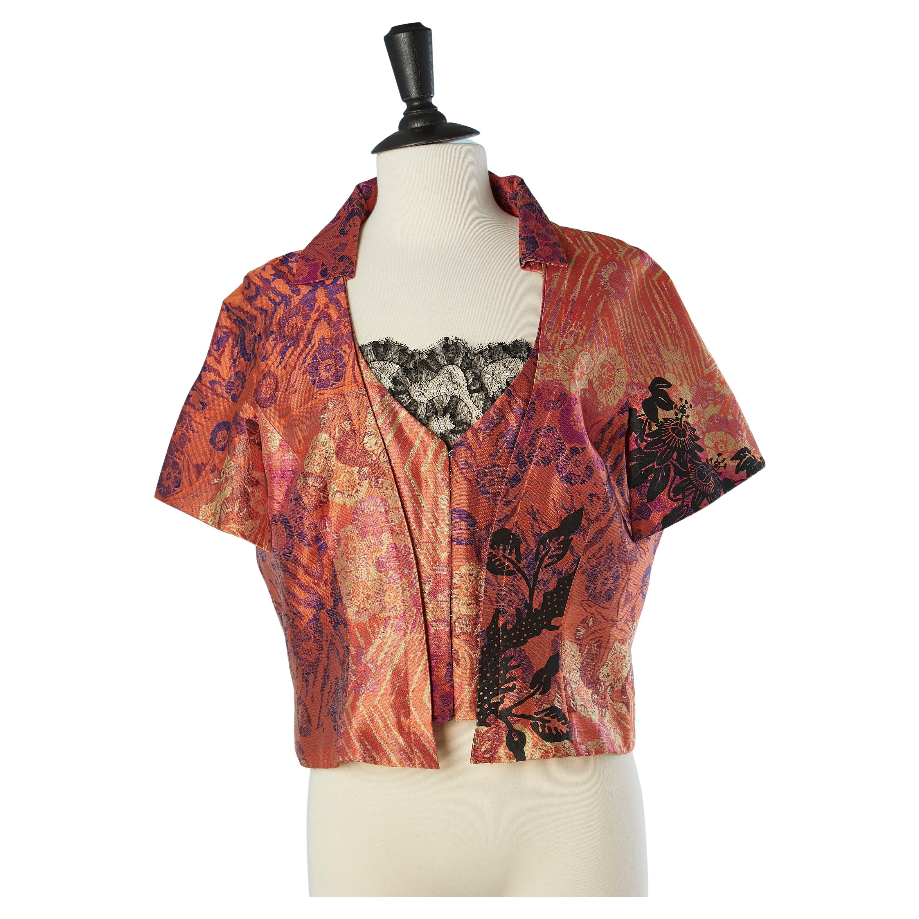 Silk damask bustier top with black lace Christian Lacroix  For Sale