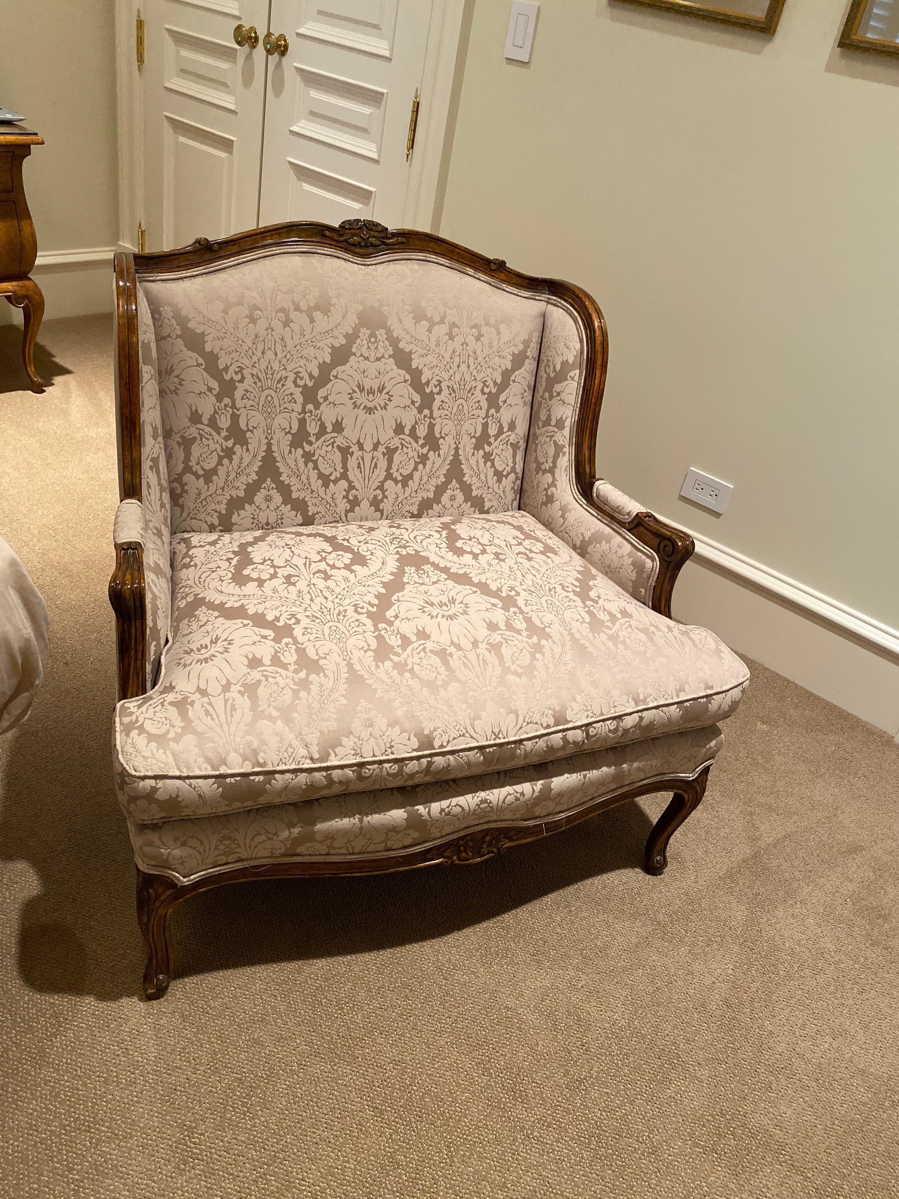 Silk Damask Upholstered Large Bergere Chair For Sale 7