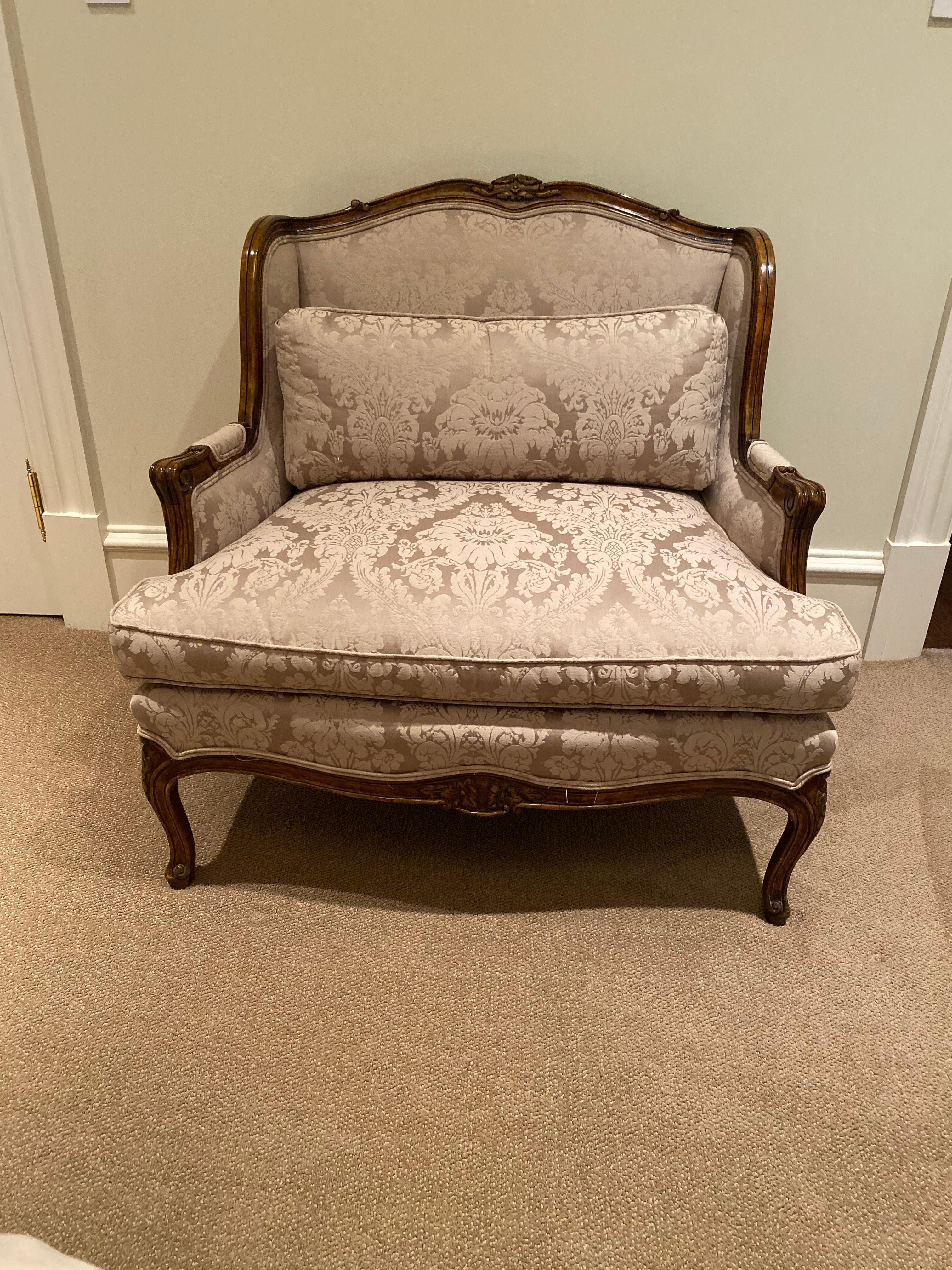 Hollywood Regency Silk Damask Upholstered Large Bergere Chair For Sale