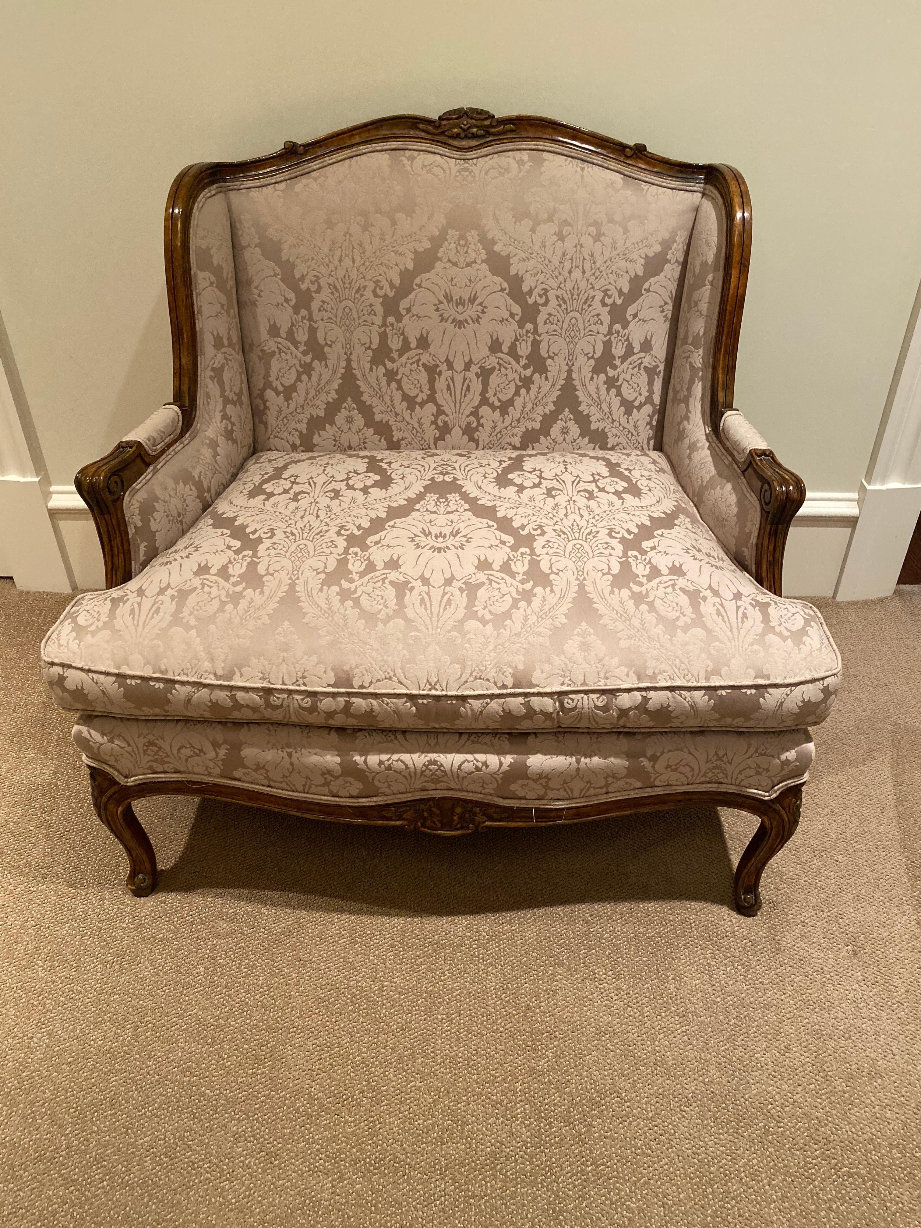 American Silk Damask Upholstered Large Bergere Chair For Sale