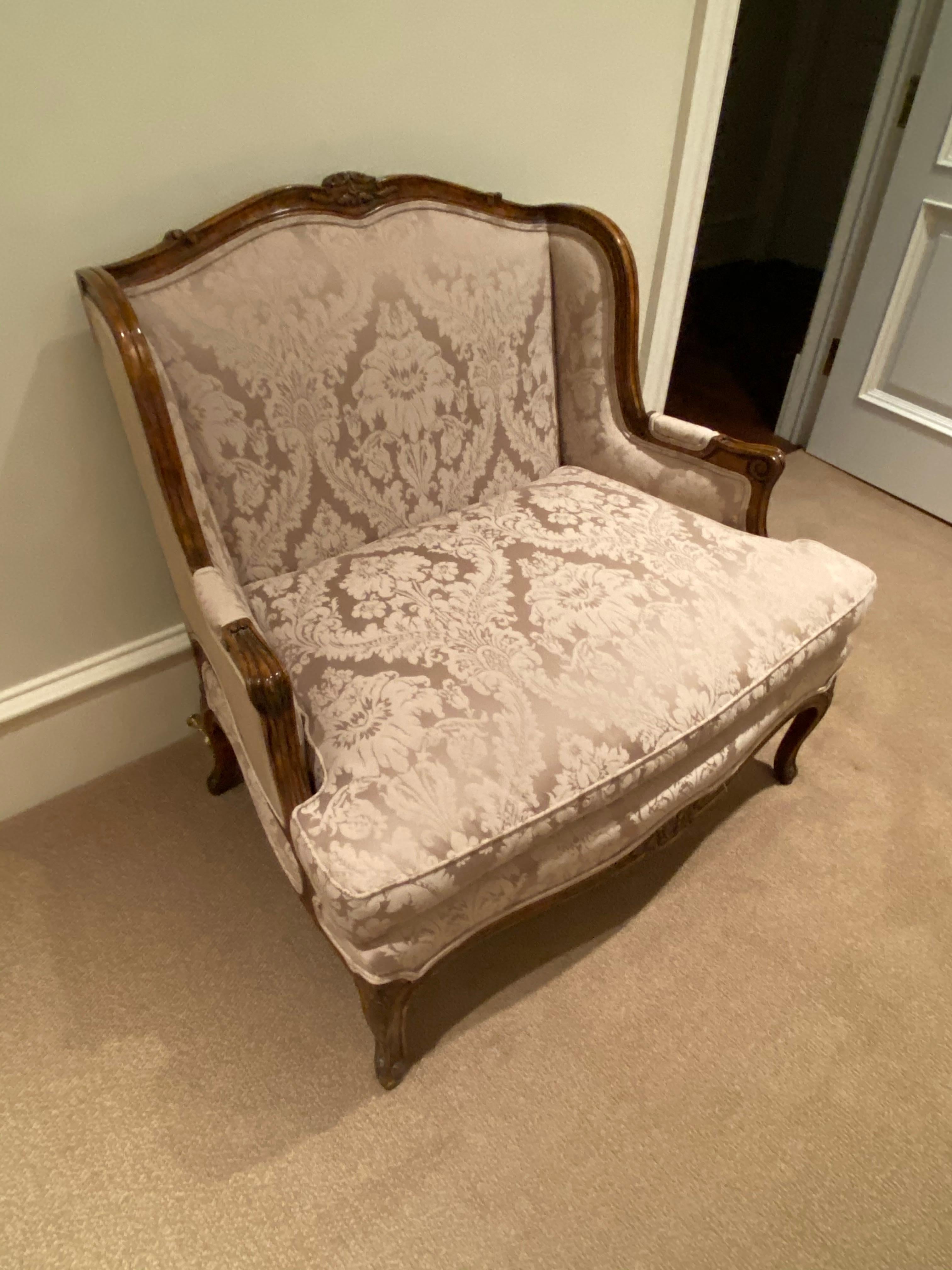 Silk Damask Upholstered Large Bergere Chair For Sale 1