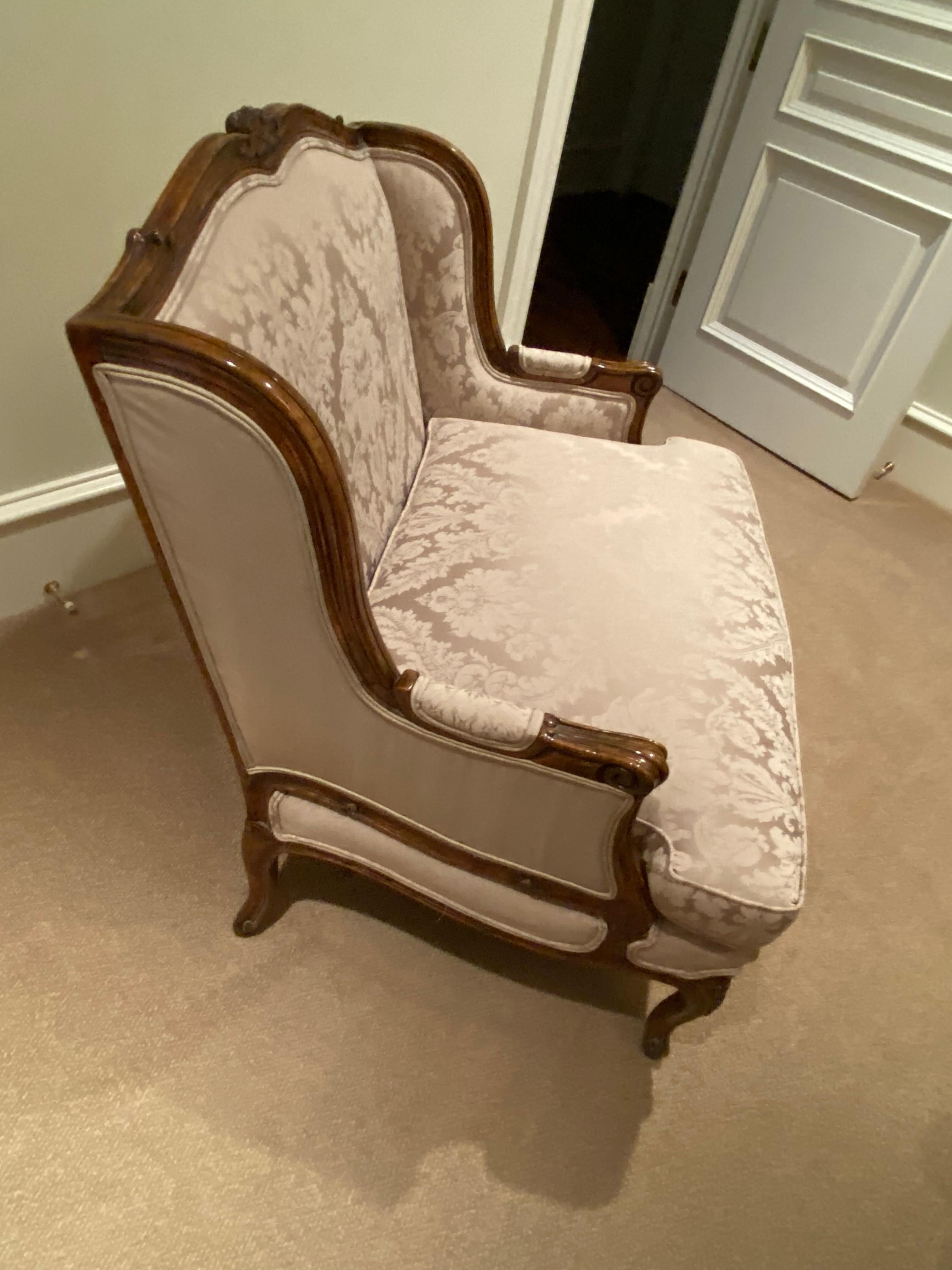 Silk Damask Upholstered Large Bergere Chair For Sale 2