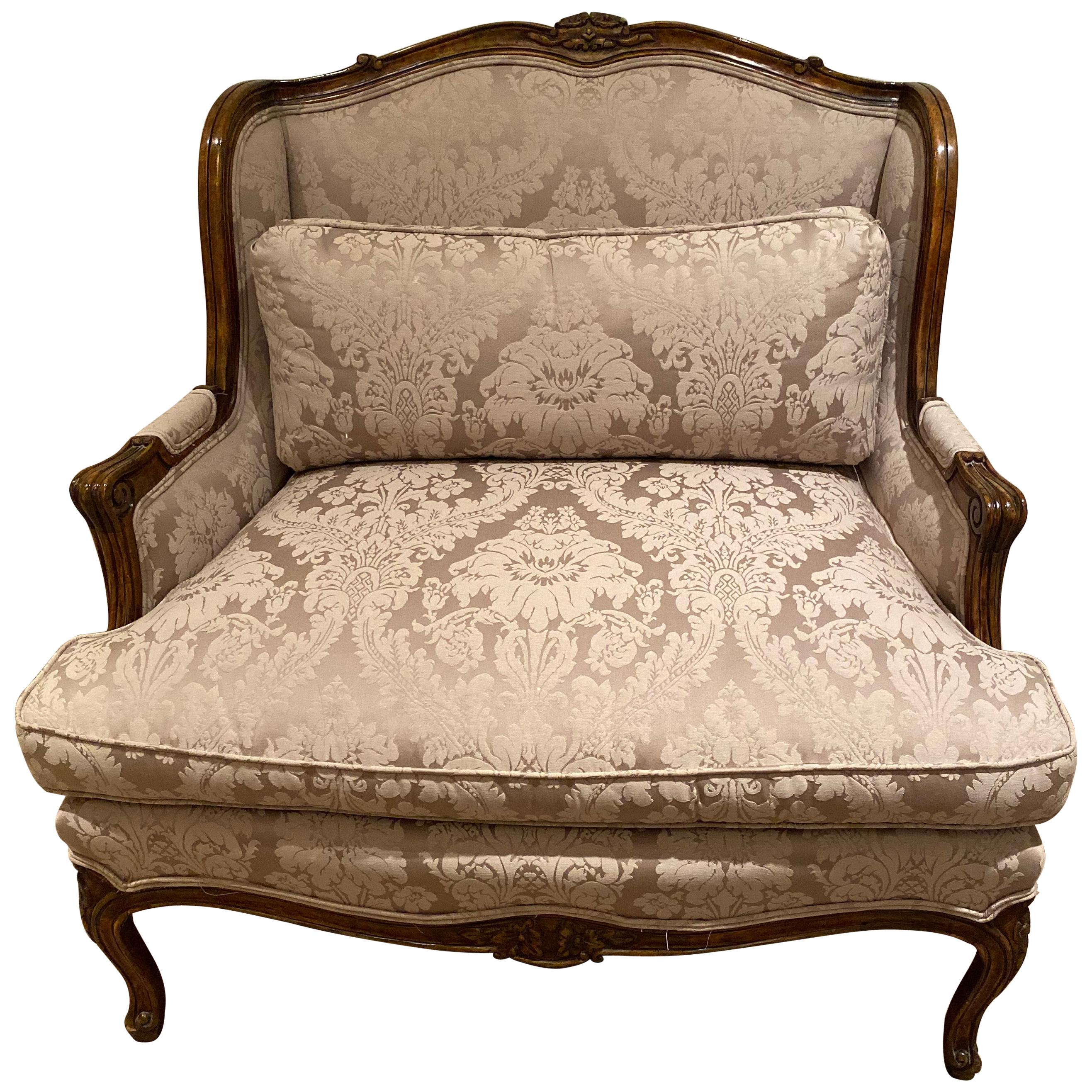 Silk Damask Upholstered Large Bergere Chair For Sale