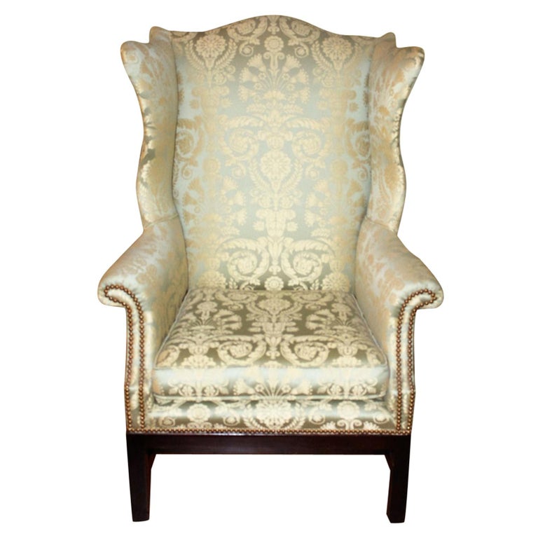 Silk Damask Wingback Library Chair For Sale at 1stDibs