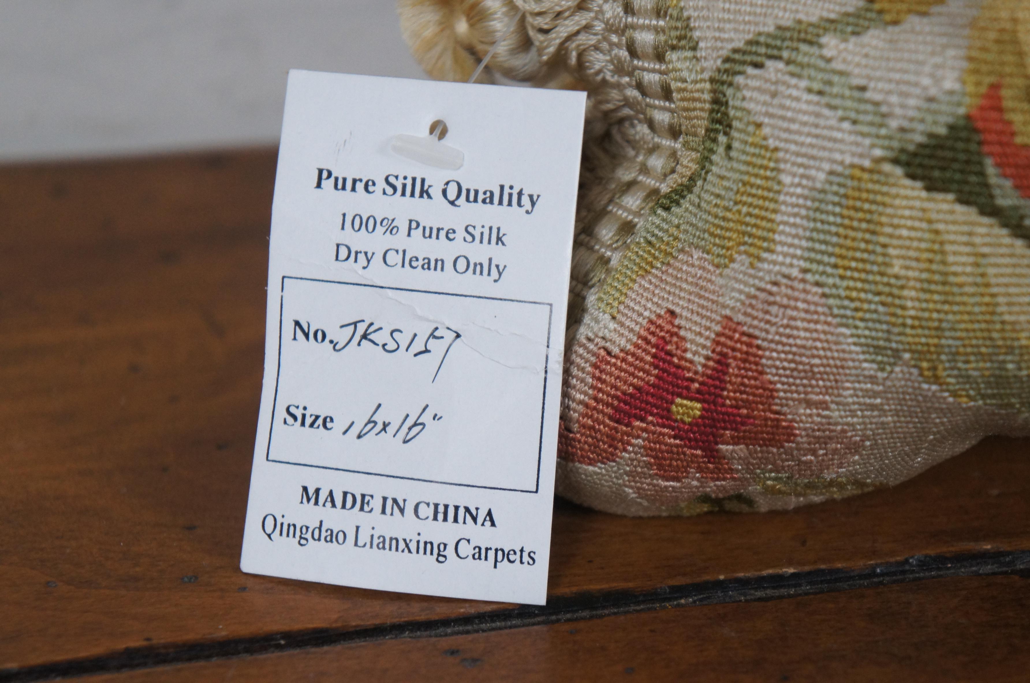 Silk Down Filled Floral Embroidered Tassel Lumbar Throw Pillow 16