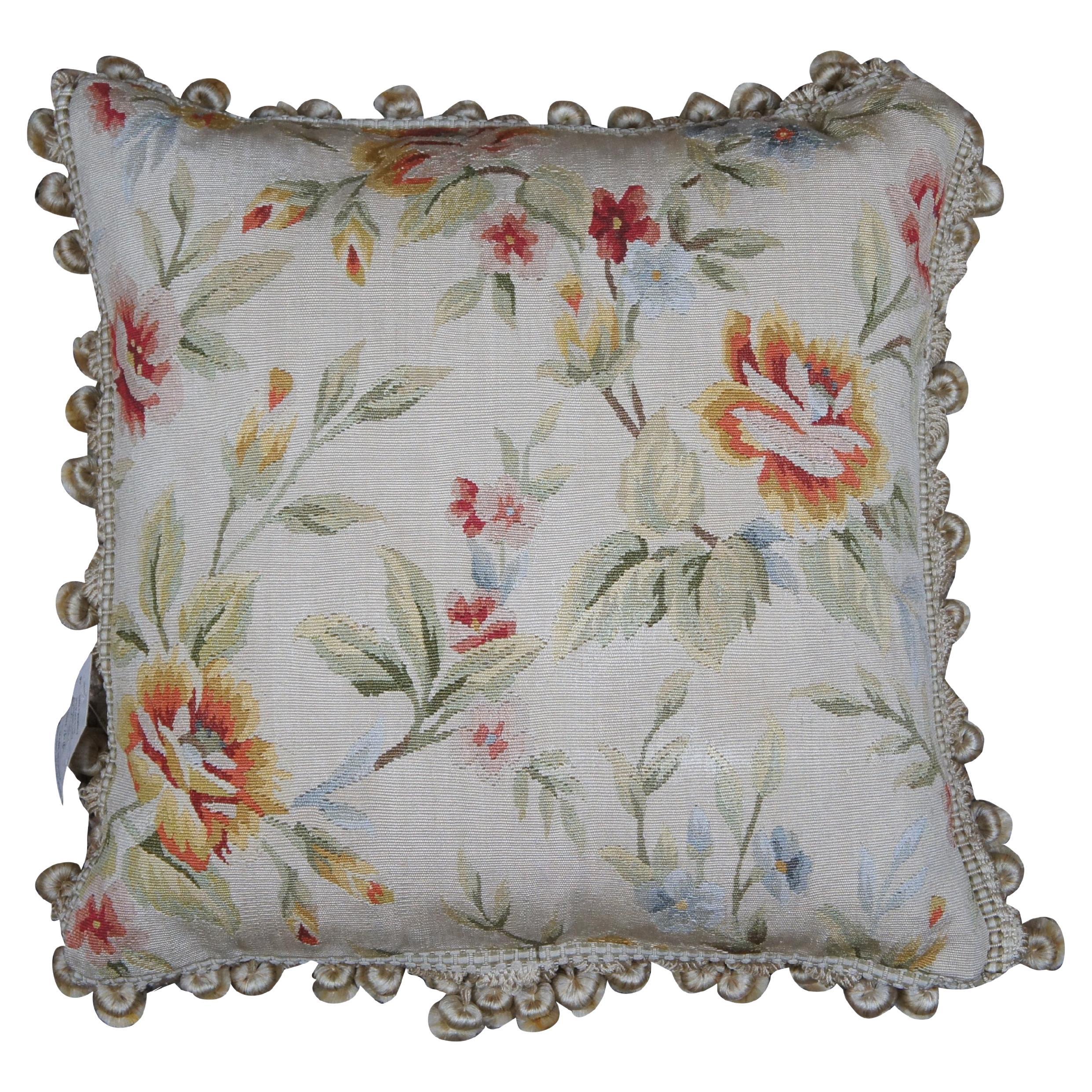 Silk Down Filled Floral Embroidered Tassel Lumbar Throw Pillow 16"