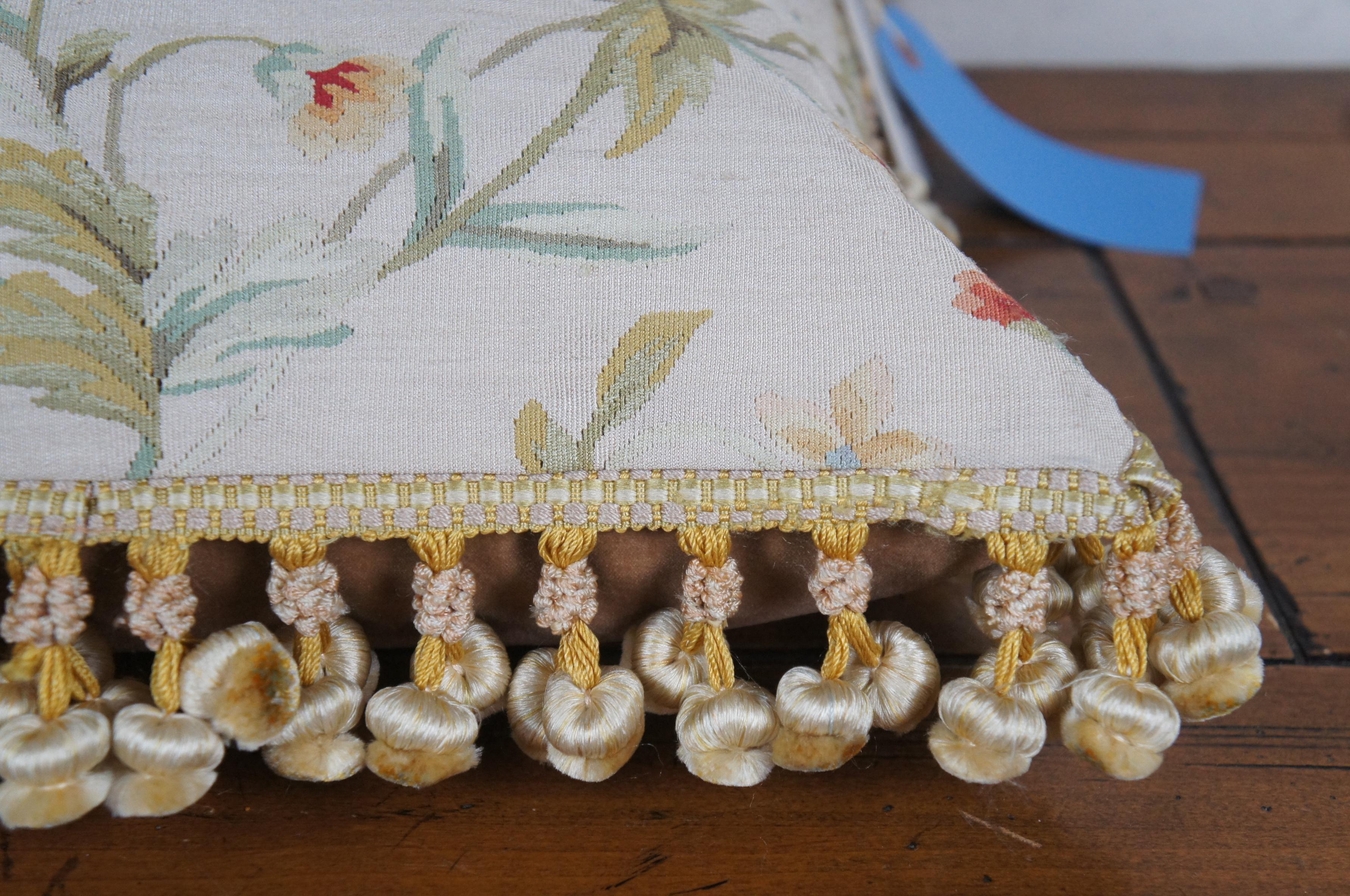 Silk Down Filled Floral Embroidered Tassel Lumbar Throw Pillow 18