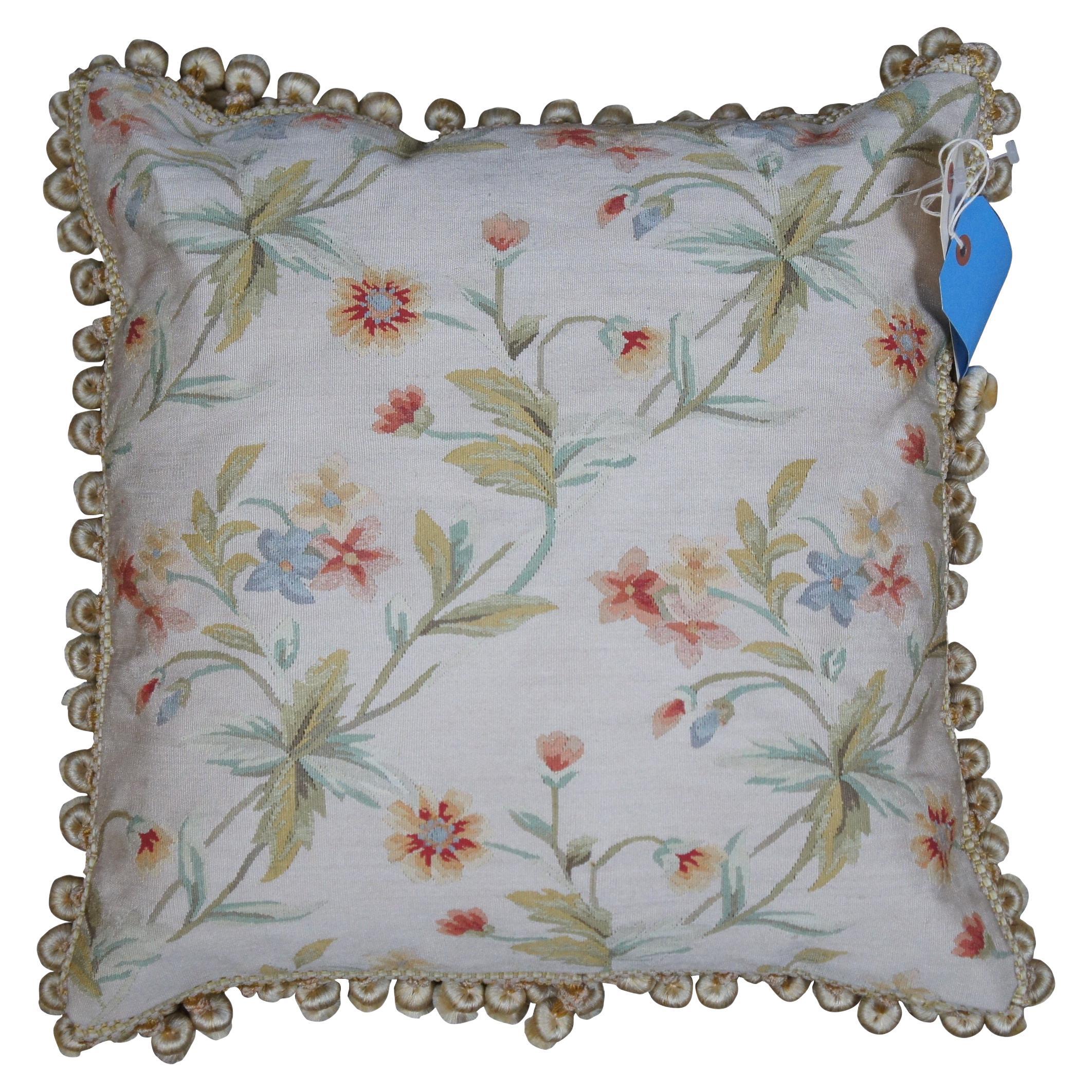 Silk Down Filled Floral Embroidered Tassel Lumbar Throw Pillow 18"