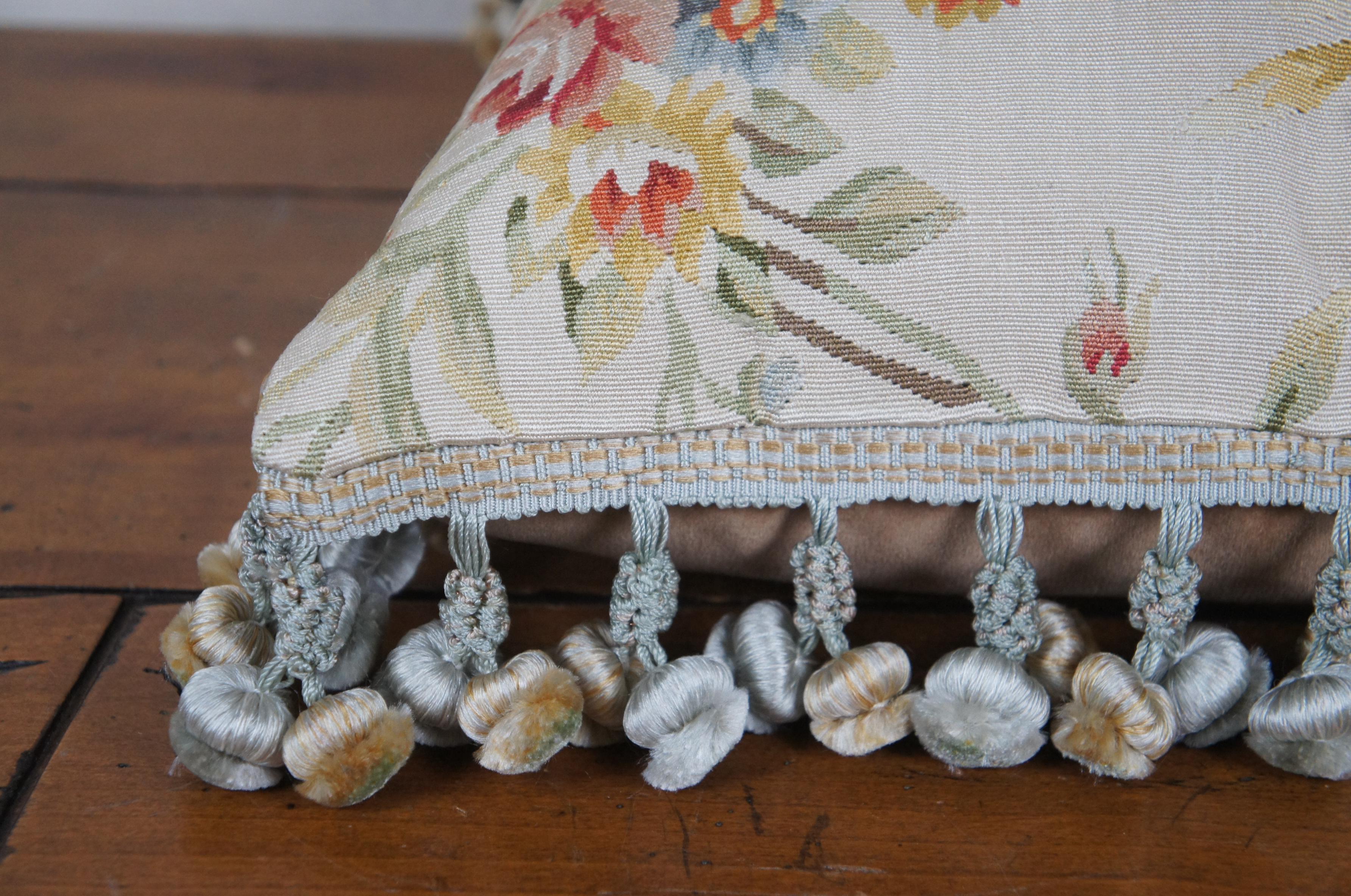 20th Century Silk Down Filled Floral Embroidered Tassel Lumbar Throw Pillow Cushion 16