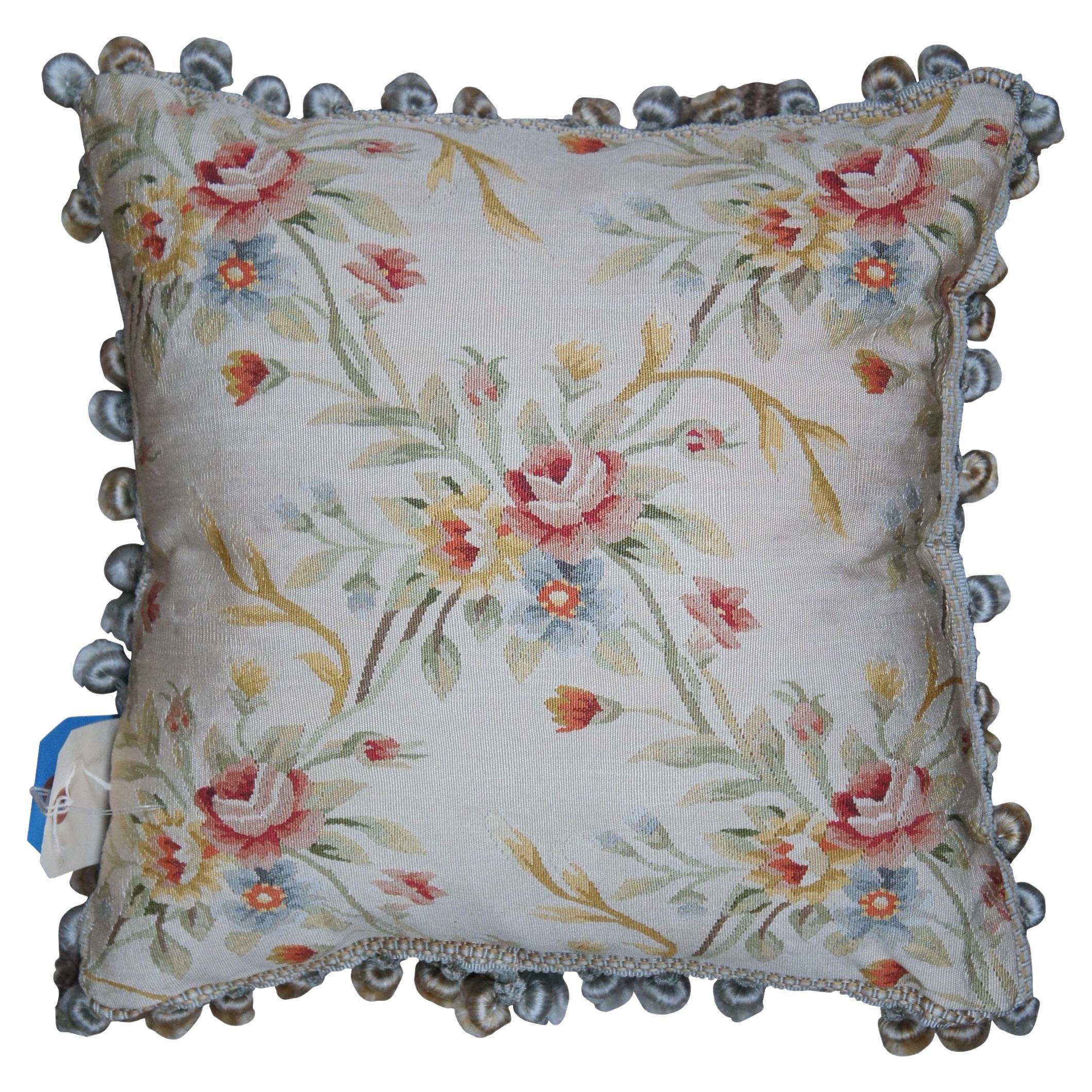 Silk Down Filled Floral Embroidered Tassel Lumbar Throw Pillow Cushion 16"