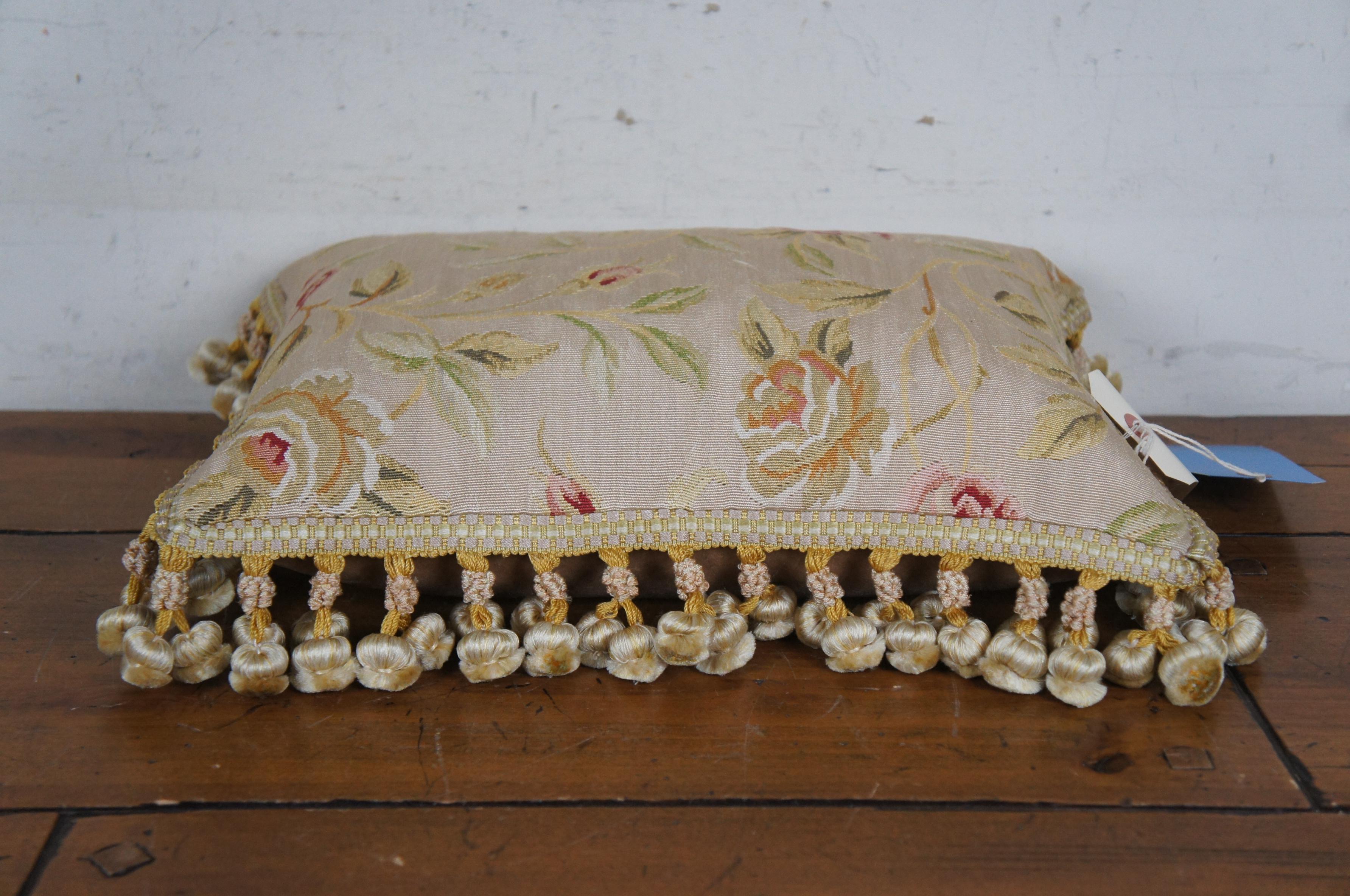 20th Century Silk Down Filled Floral Rose Embroidered Tassel Lumbar Throw Pillow Cushion 16