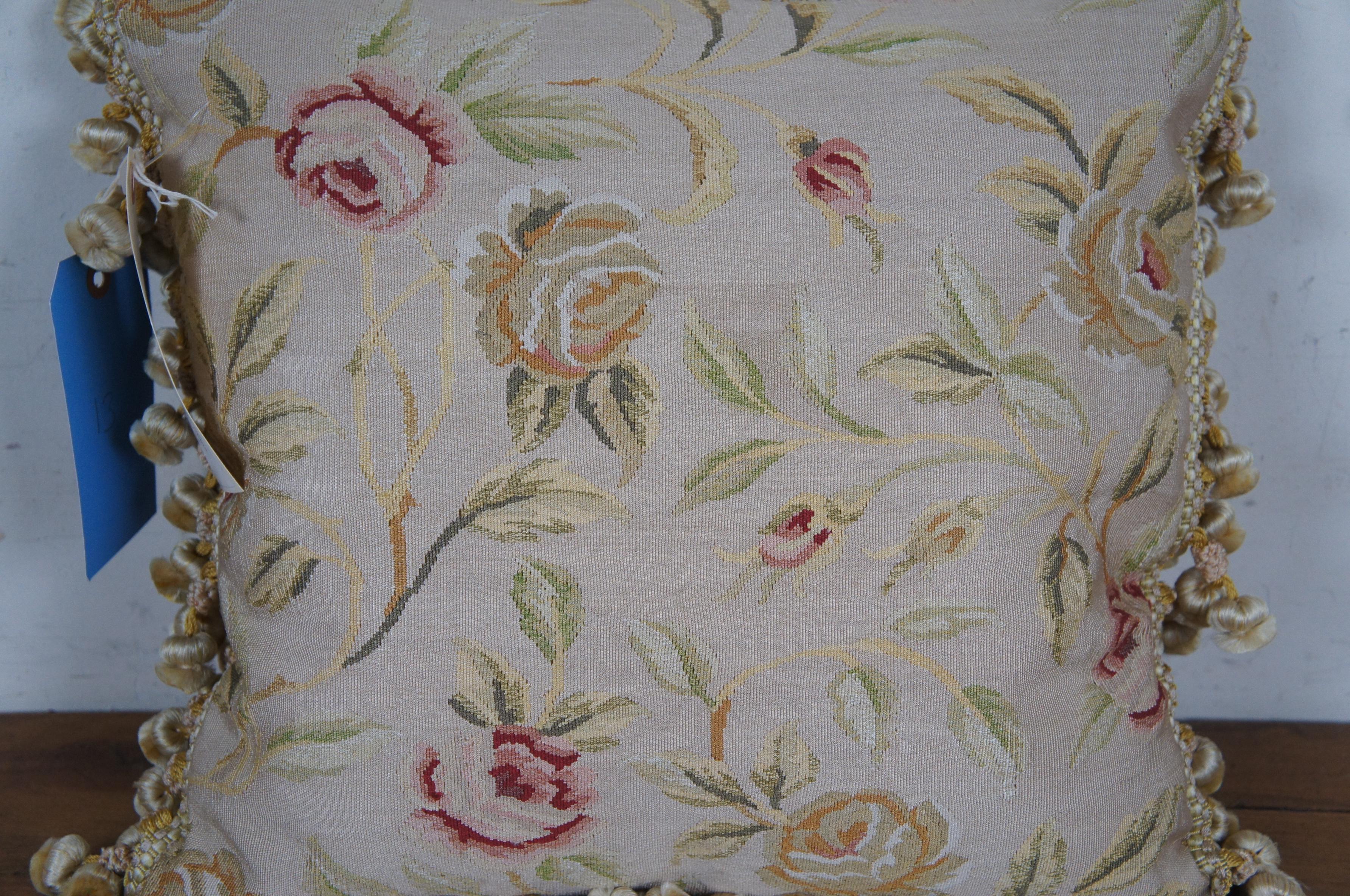 Silk Down Filled Floral Rose Embroidered Tassel Lumbar Throw Pillow Cushion 16