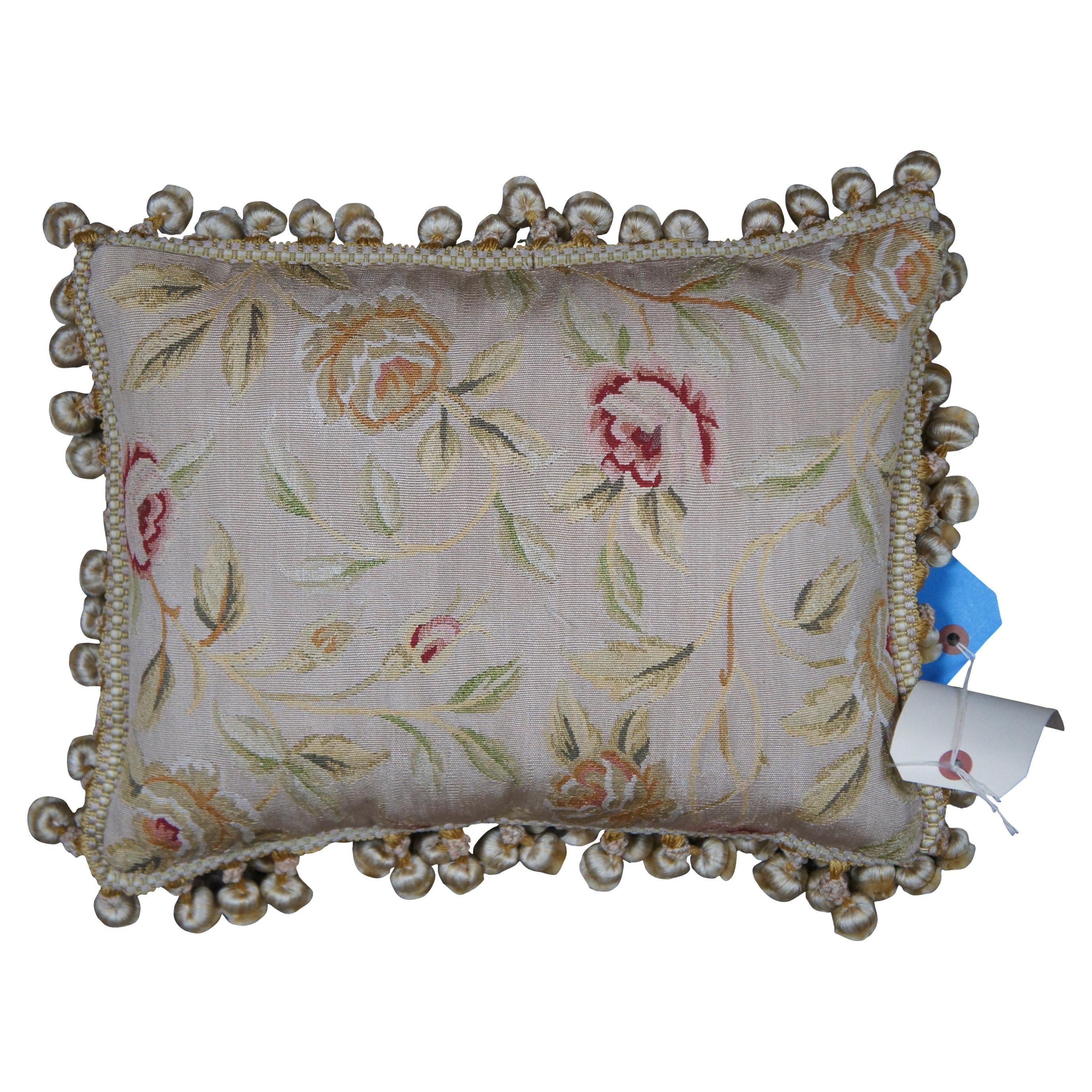 Silk Down Filled Floral Rose Embroidered Tassel Lumbar Throw Pillow Cushion 16"