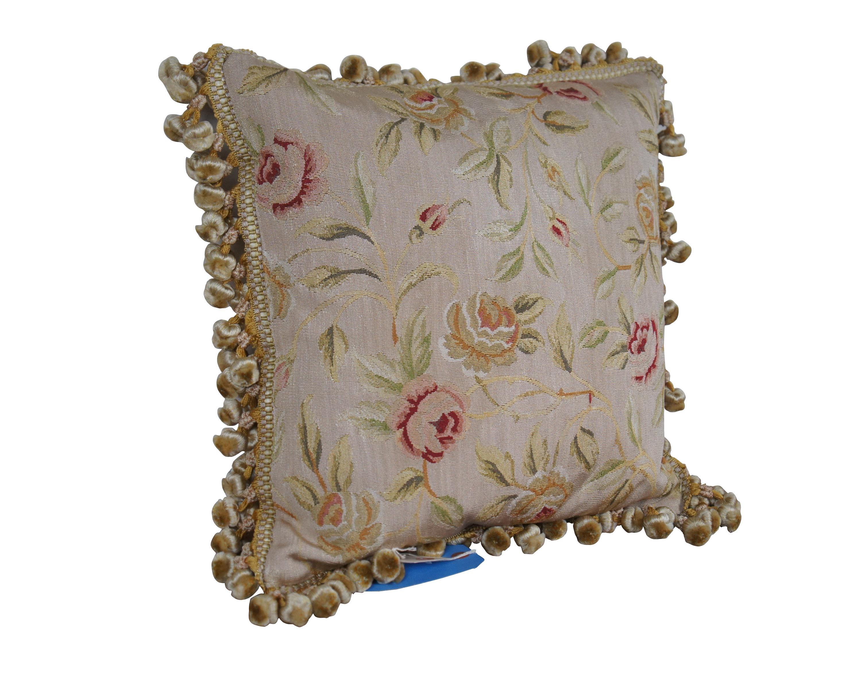 2 Available - 20th century square throw pillow, embroidered in silk with leafy stems of large yellow and pink roses. Cream and gold ball tassel trim. Light brown velour back with zipper closure.

Dimensions:
18