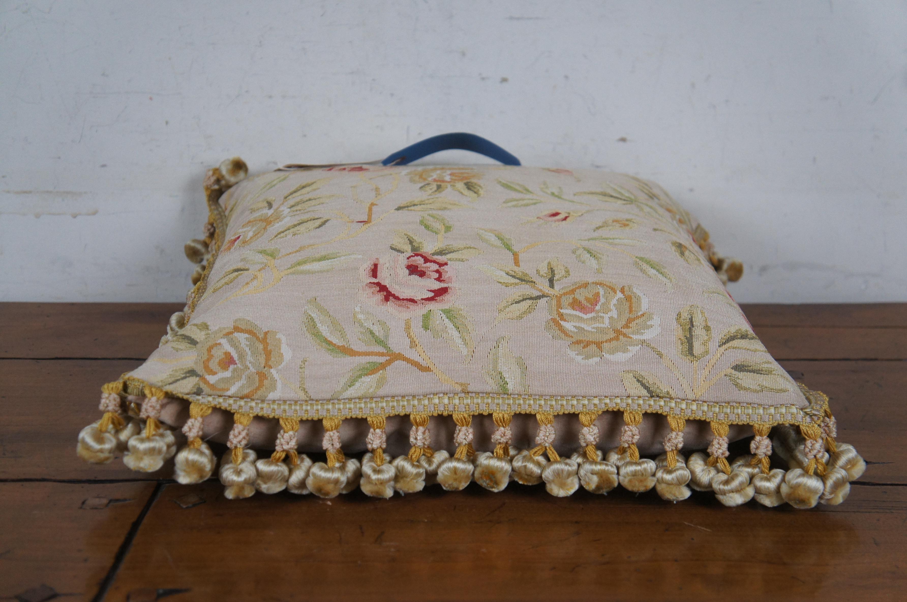 20th Century Silk Down Filled Floral Rose Embroidered Tassel Lumbar Throw Pillow Cushion 18