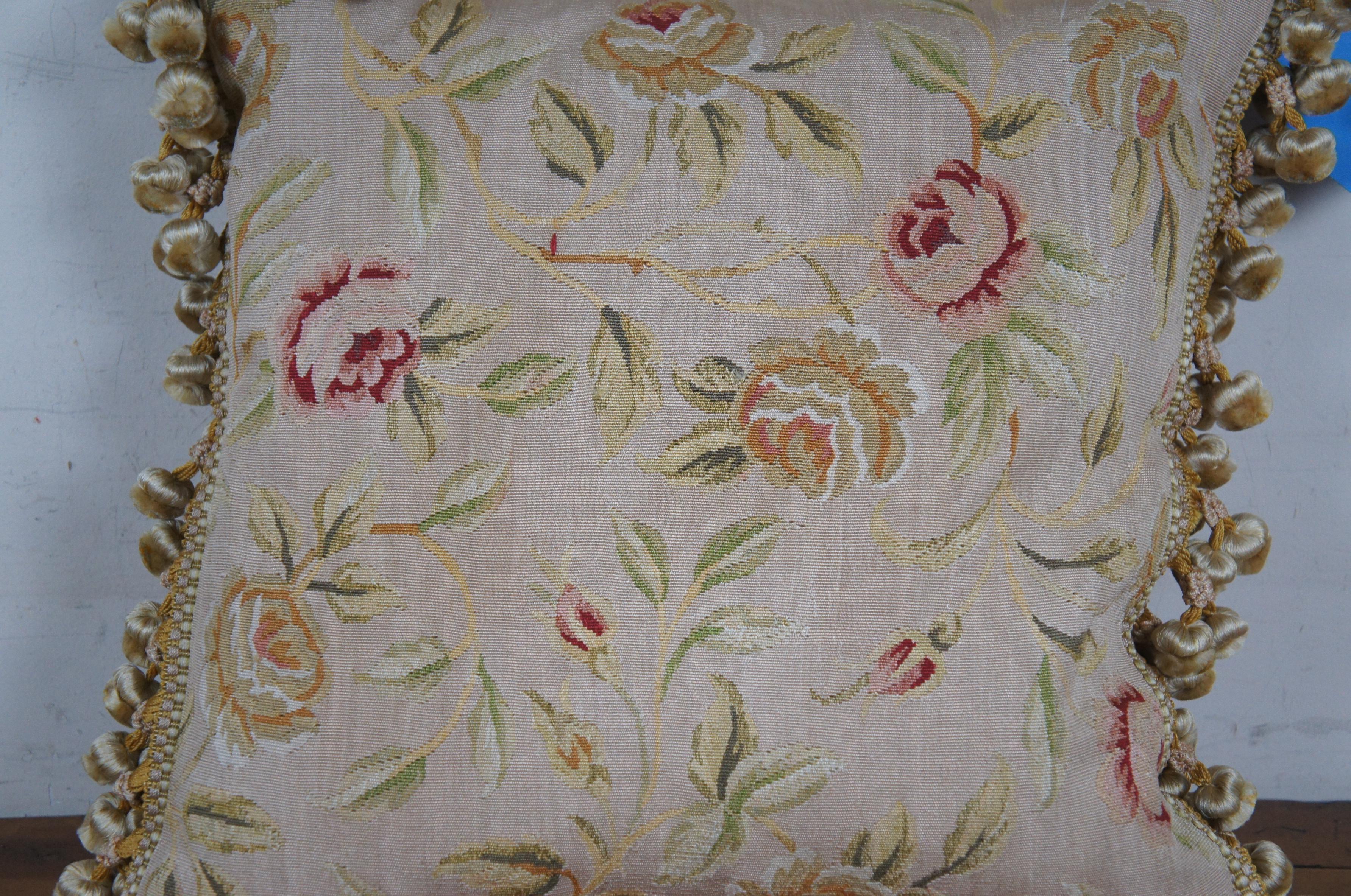 Silk Down Filled Floral Rose Embroidered Tassel Lumbar Throw Pillow Cushion 18